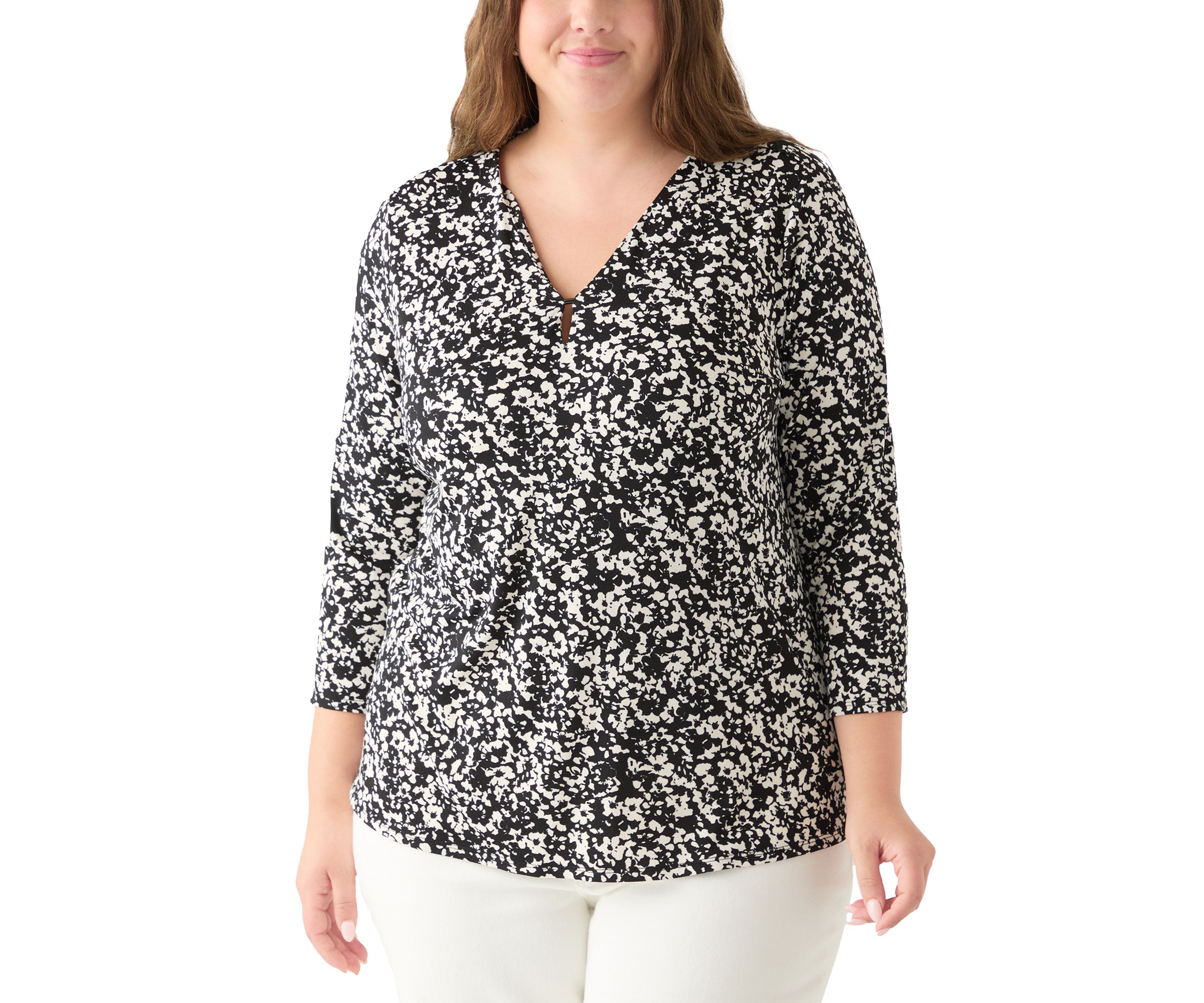 Plus Size Printed Moss Crepe 3/4 Sleeve V-Neck Top with Tube Trim