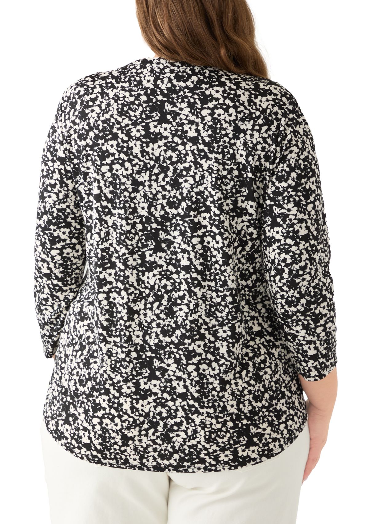 Plus Size Printed Moss Crepe 3/4 Sleeve V-Neck Top with Tube Trim