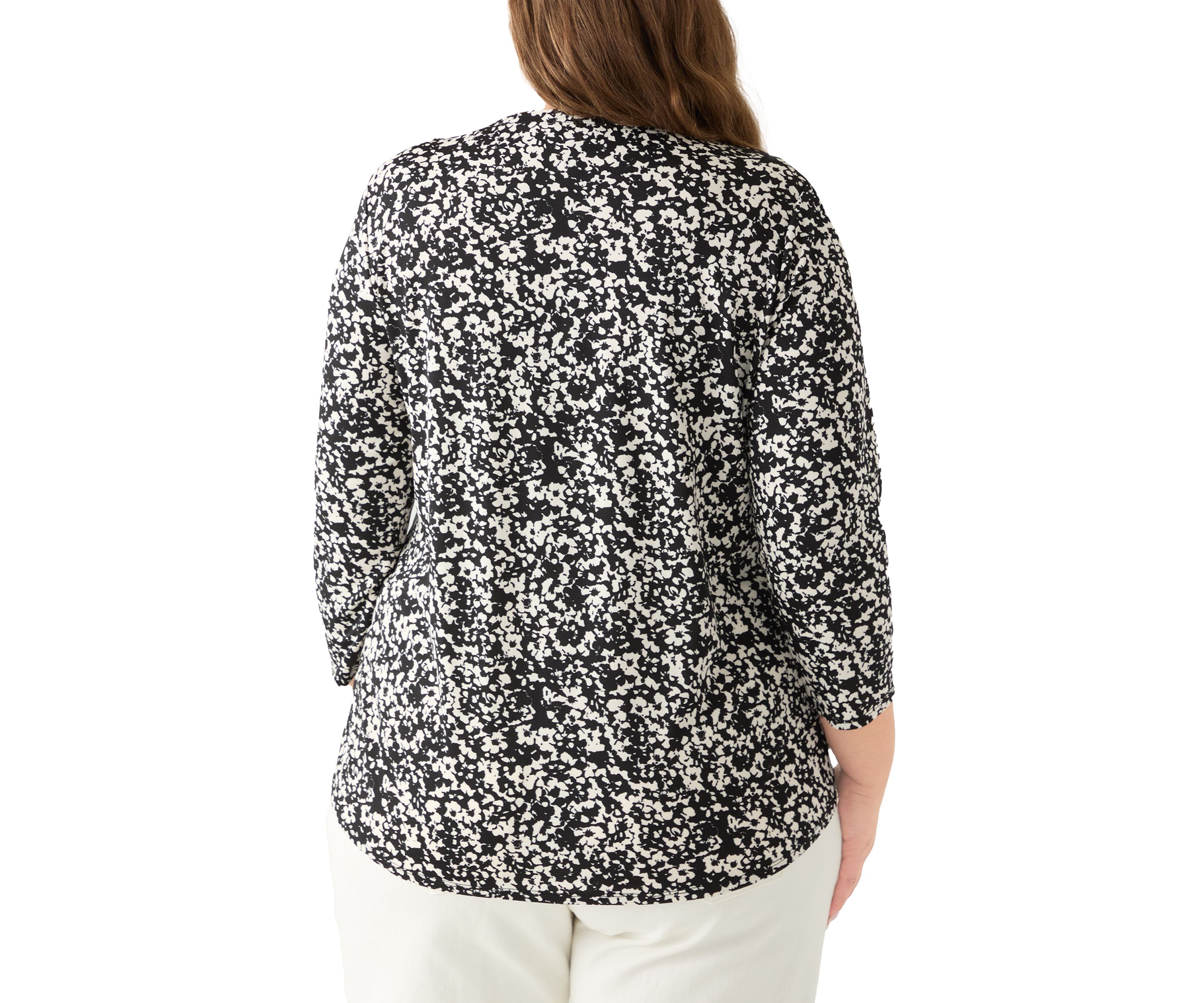 Plus Size Printed Moss Crepe 3/4 Sleeve V-Neck Top with Tube Trim