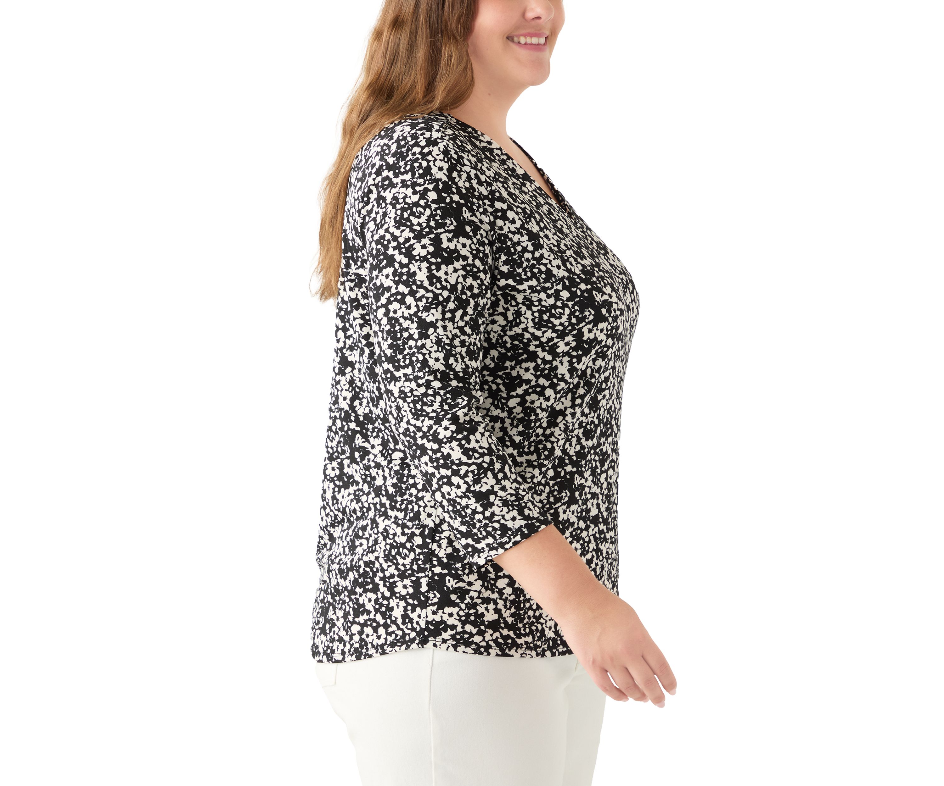 Plus Size Printed Moss Crepe 3/4 Sleeve V-Neck Top with Tube Trim