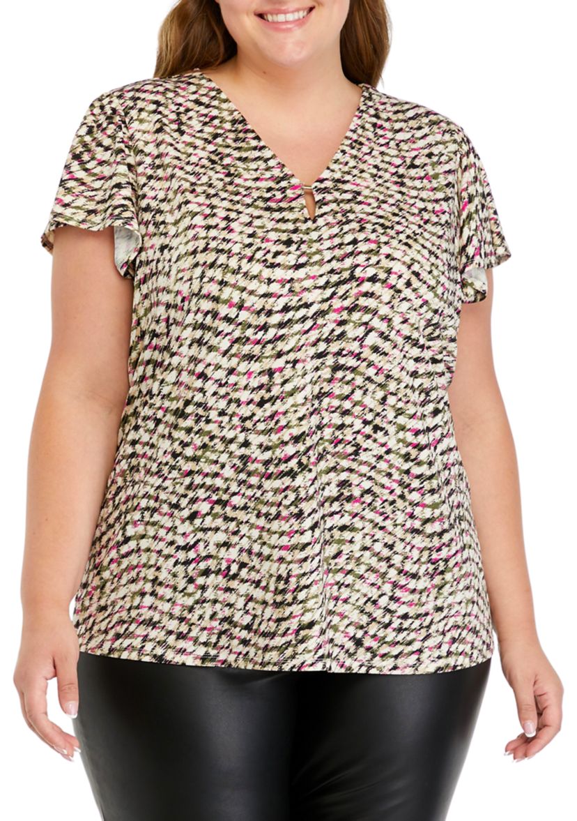Plus Size Printed Moss Crepe V-Neck Top Flutter Sleeve with Tube Trim