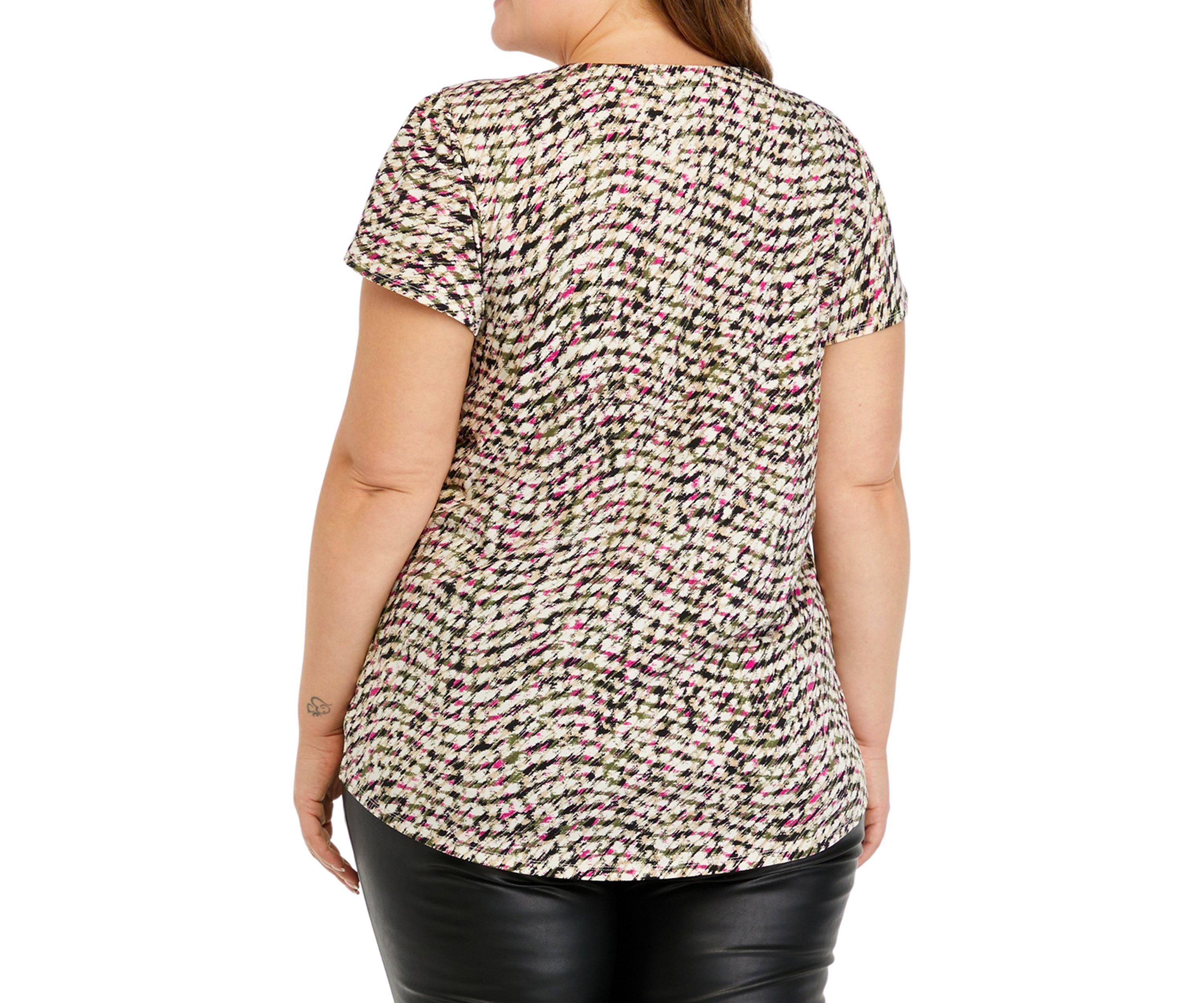 Plus Size Printed Moss Crepe V-Neck Top Flutter Sleeve with Tube Trim