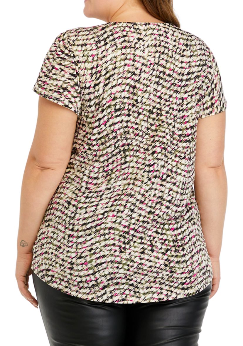 Plus Size Printed Moss Crepe V-Neck Top Flutter Sleeve with Tube Trim