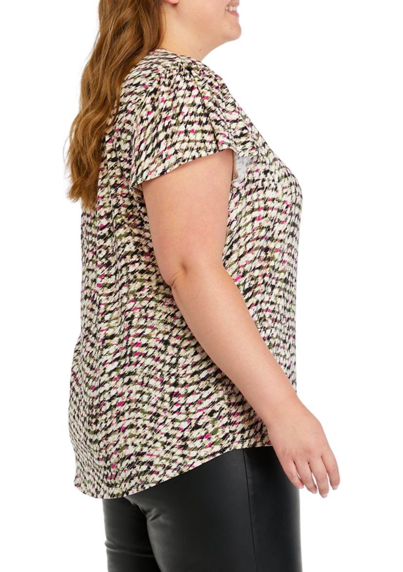Plus Size Printed Moss Crepe V-Neck Top Flutter Sleeve with Tube Trim
