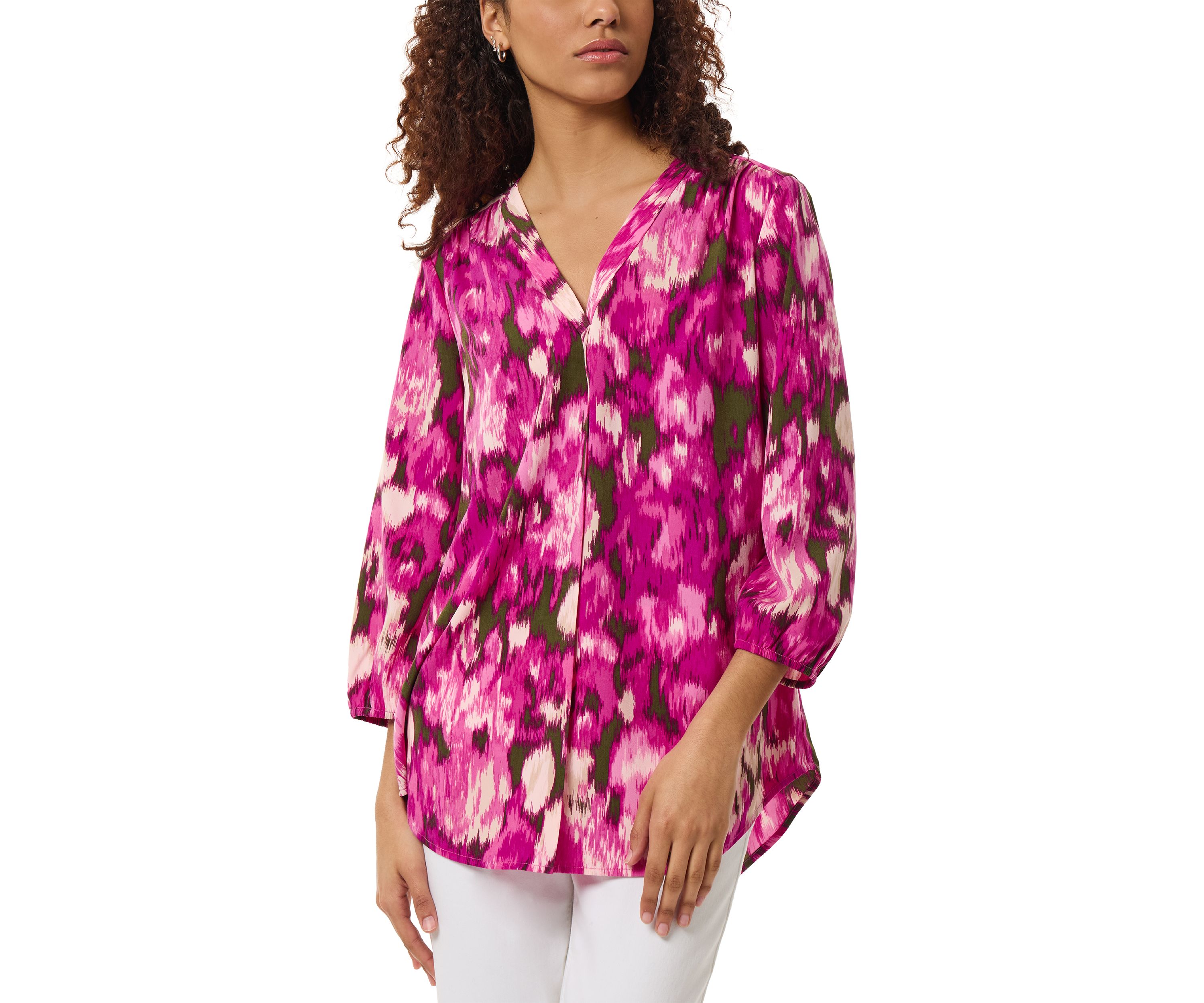 Petite 3 Quarter Sleeve V-Neck Pleat Front Tunic Blouse