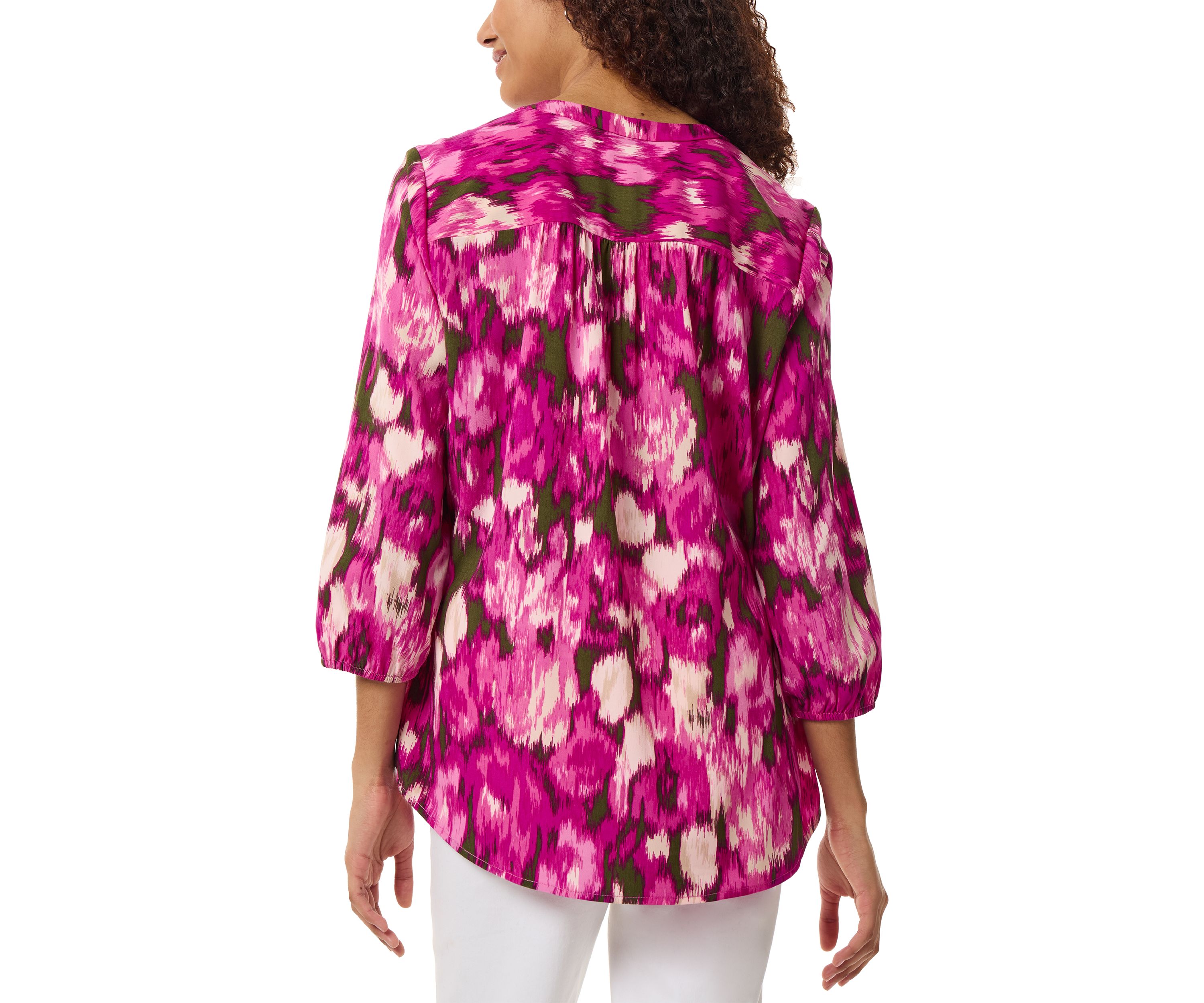 Petite 3 Quarter Sleeve V-Neck Pleat Front Tunic Blouse
