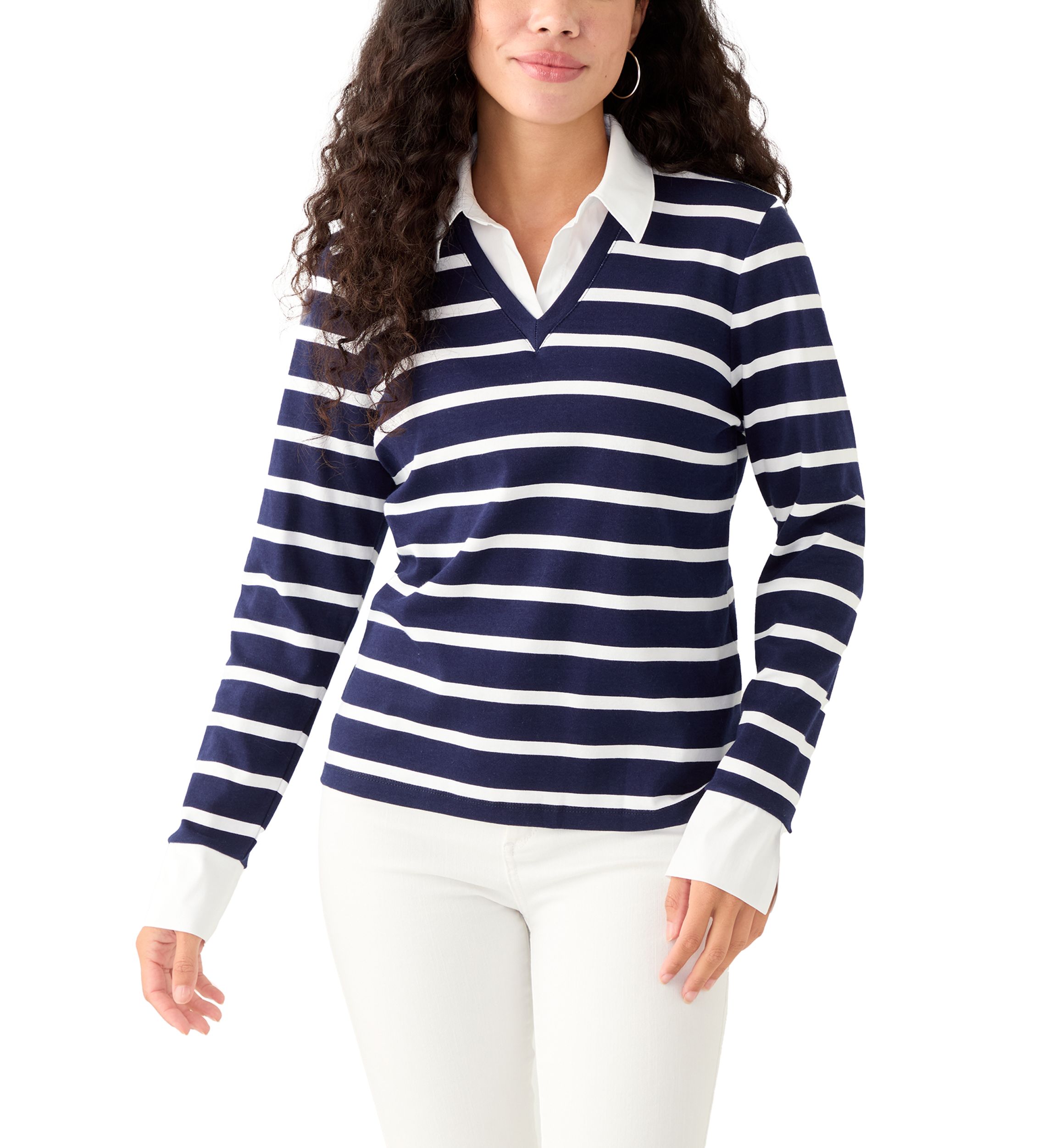 Petite Long Sleeve Stripe Popover Top