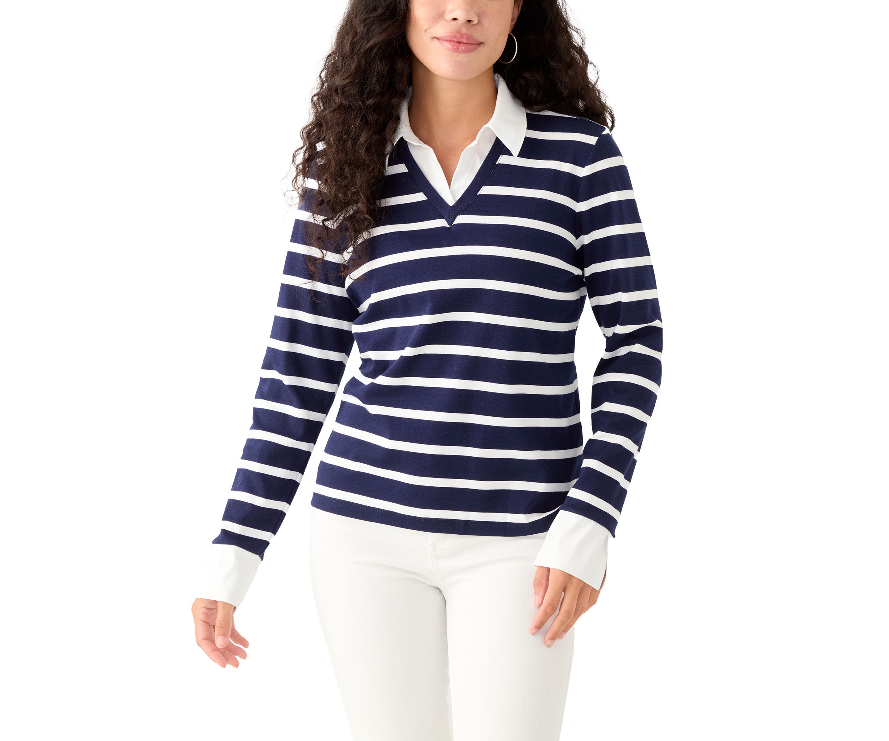 Petite Long Sleeve Stripe Popover Top