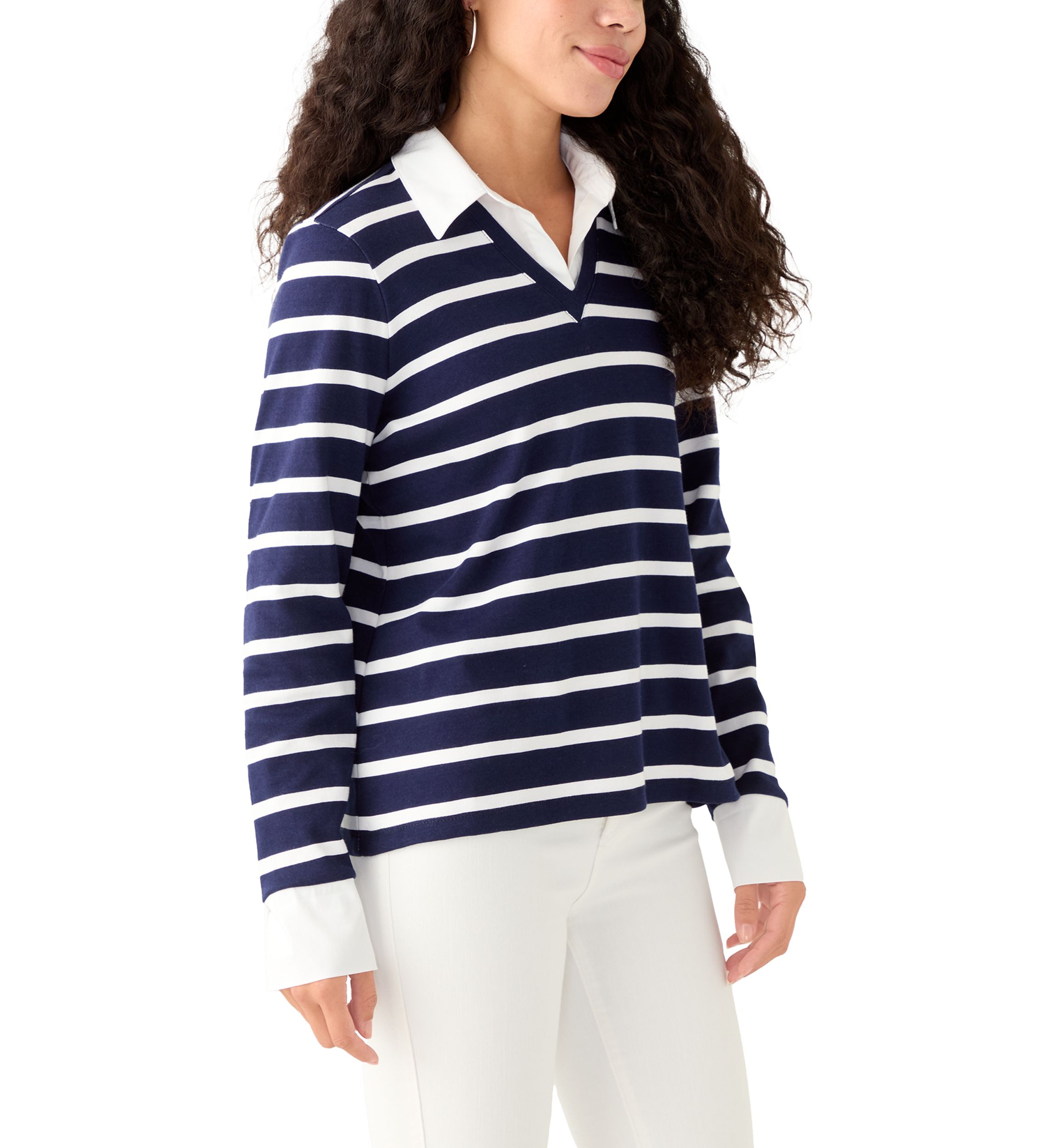 Petite Long Sleeve Stripe Popover Top