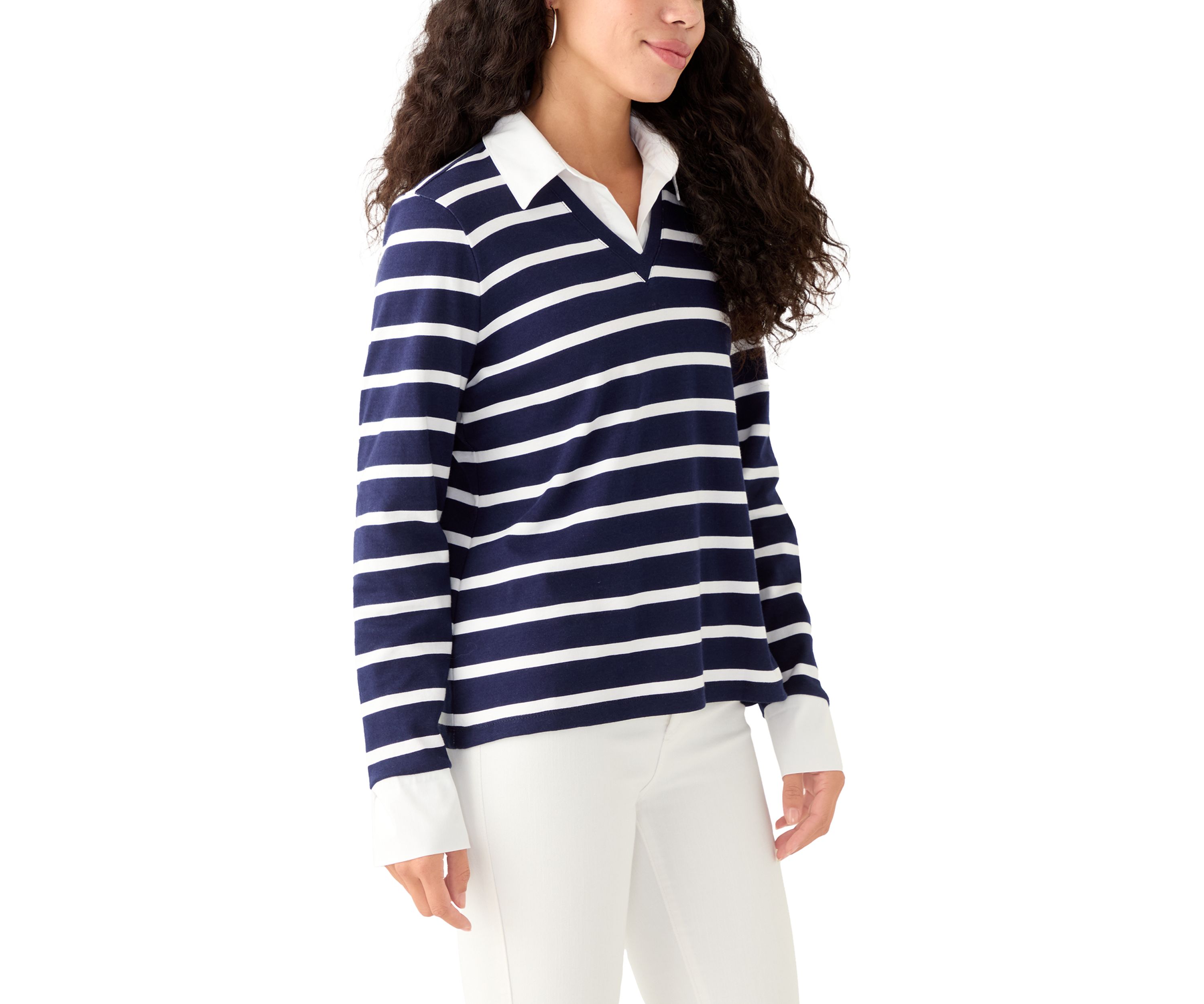 Petite Long Sleeve Stripe Popover Top