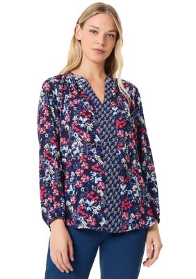 JONES NEW YORK Women's Long Sleeve Raglan Printed Blouse