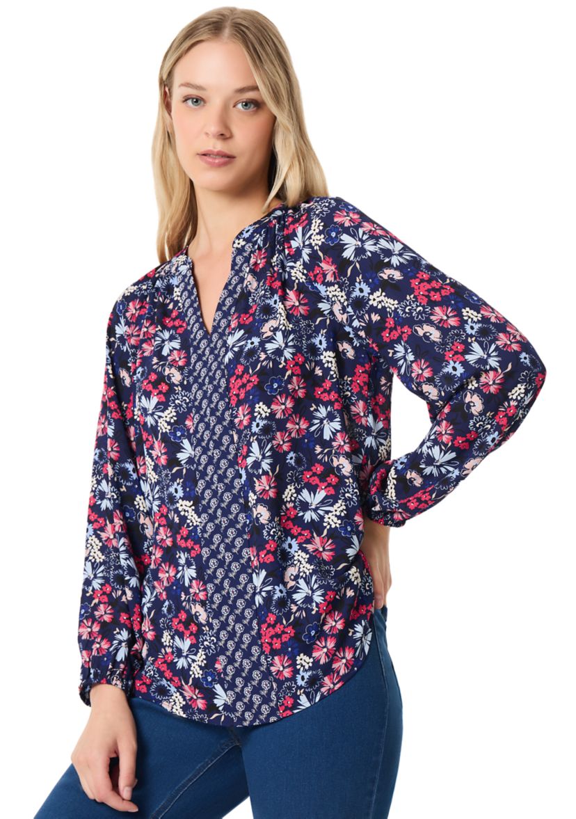 Womens Long Sleeve Raglan Printed Blouse 