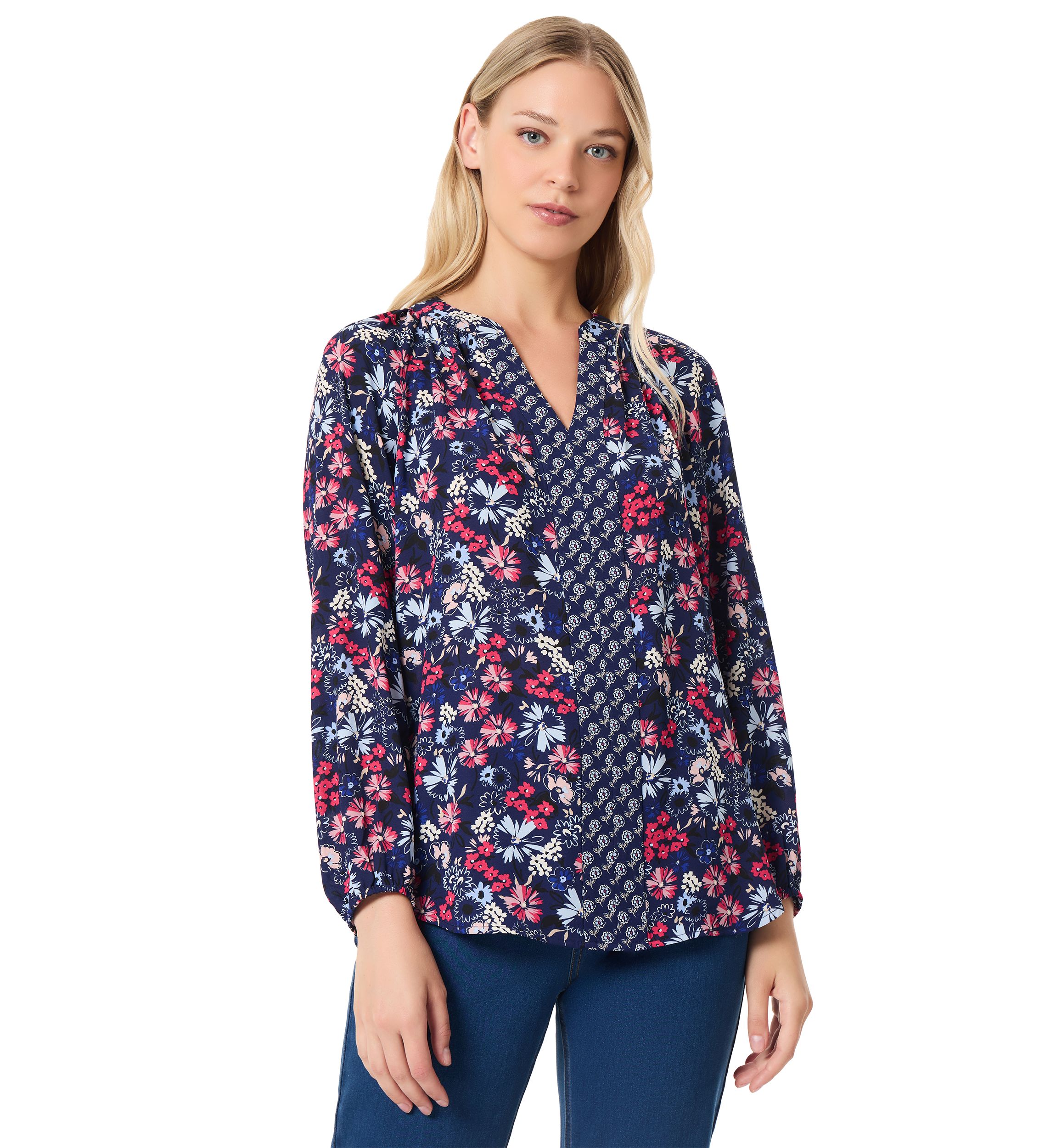 Petite Long Sleeve Raglan Blouse with Twin Print 