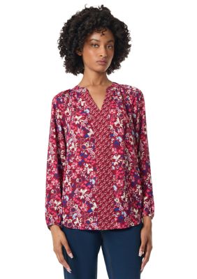 JONES NEW YORK Women's Petite Long Sleeve Raglan Blouse with Twin Print, PM