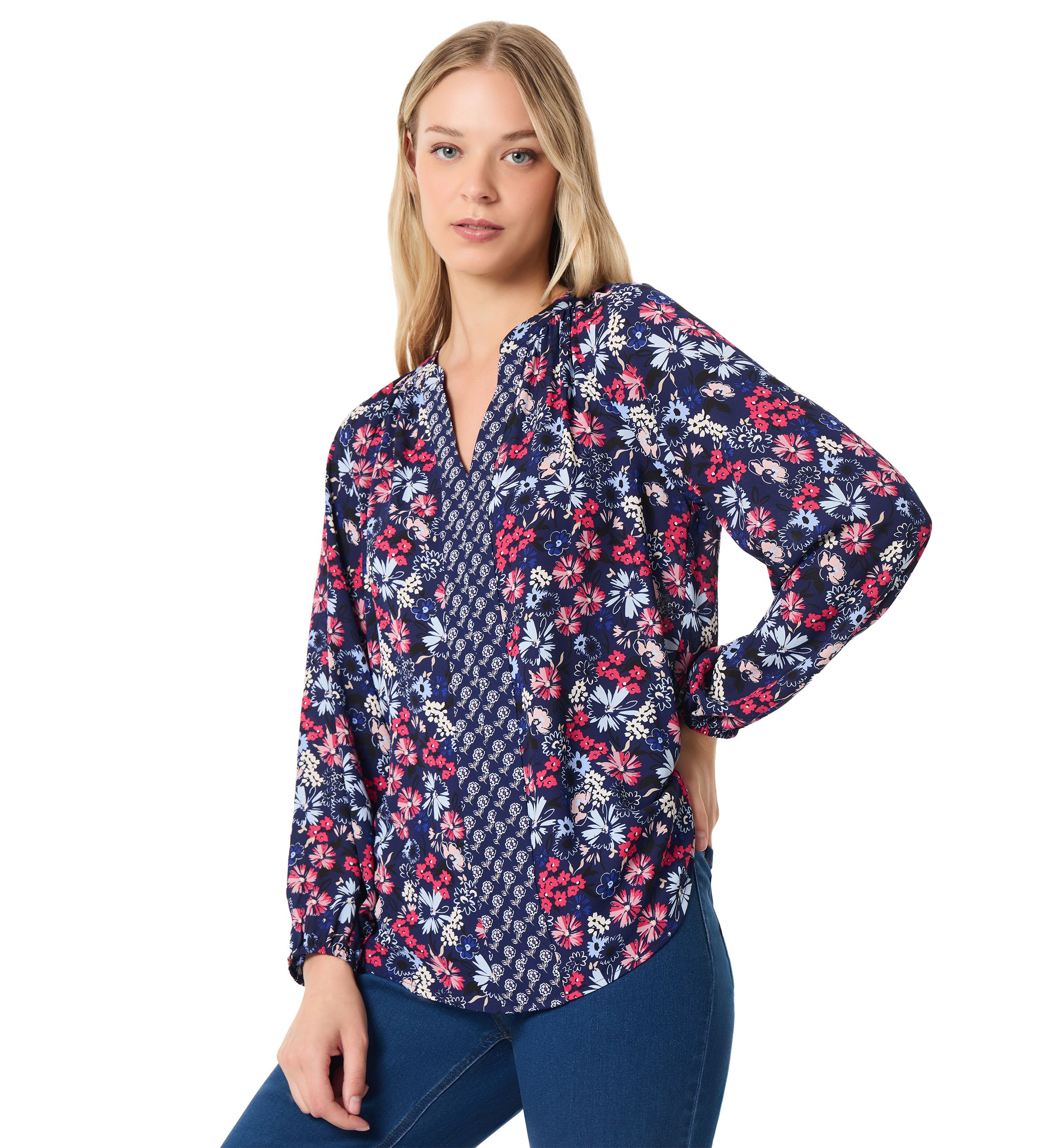 Petite Long Sleeve Raglan Blouse with Twin Print 