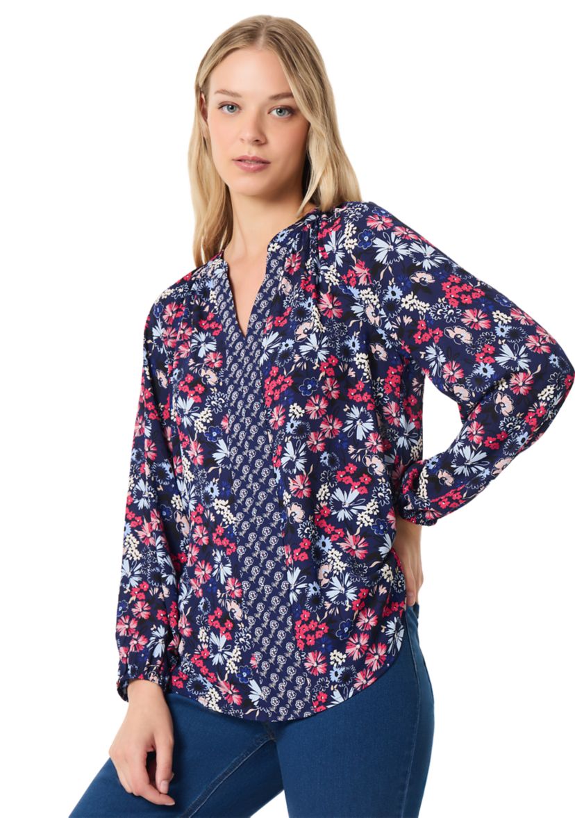 Petite Long Sleeve Raglan Blouse with Twin Print 