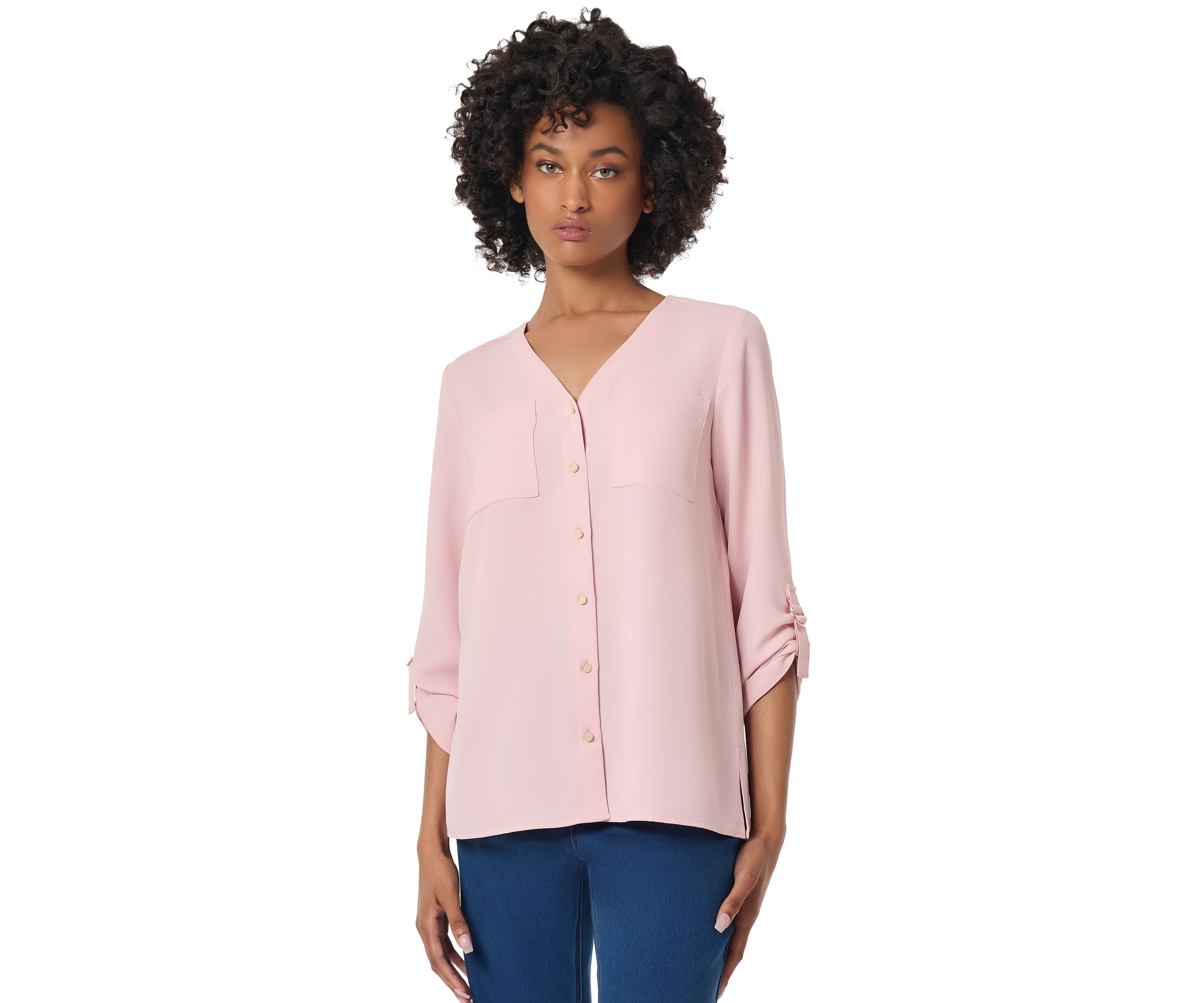 Womens 3 Quarter Roll Sleeve V-Neck Tunic 