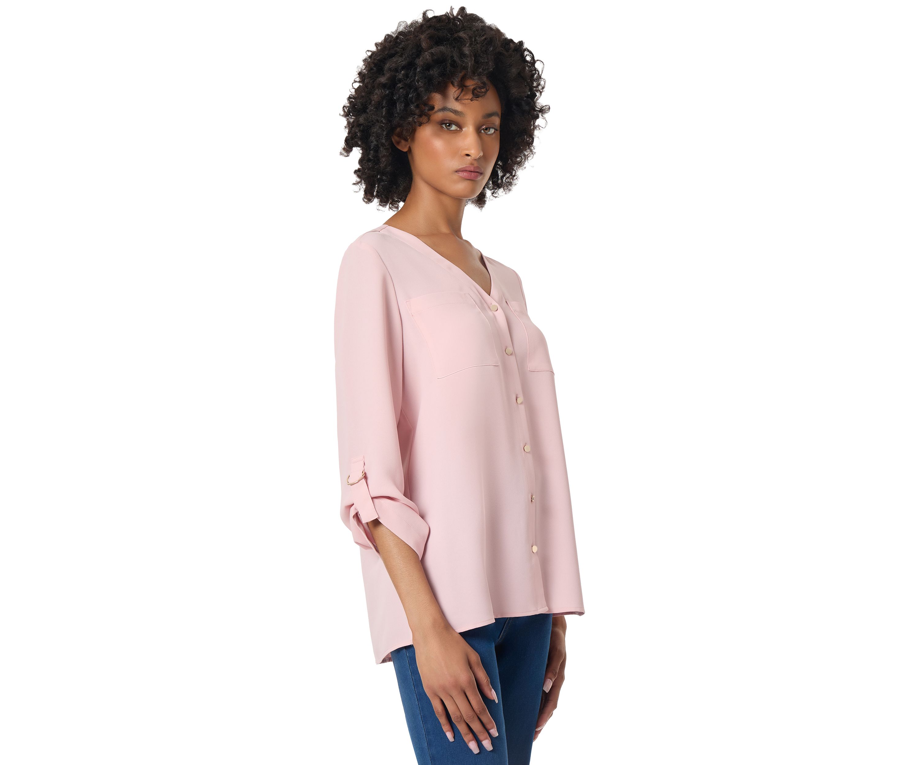 Womens 3 Quarter Roll Sleeve V-Neck Tunic 