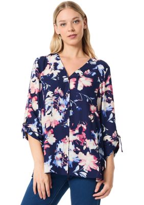 JONES NEW YORK Women's Petite Long Sleeve Collarless Tunic, Navy Blue, PM