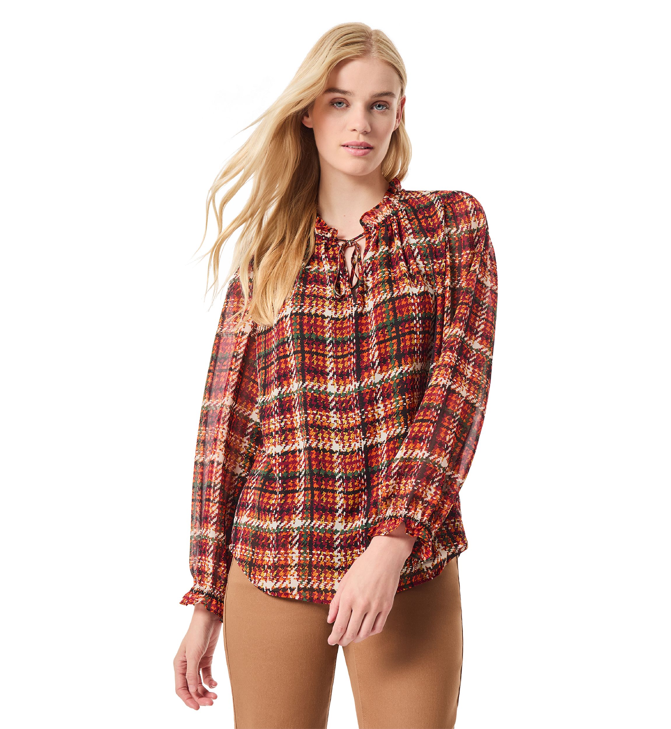 Womens Long Sleeve Plaid Print Chiffon Blouse 