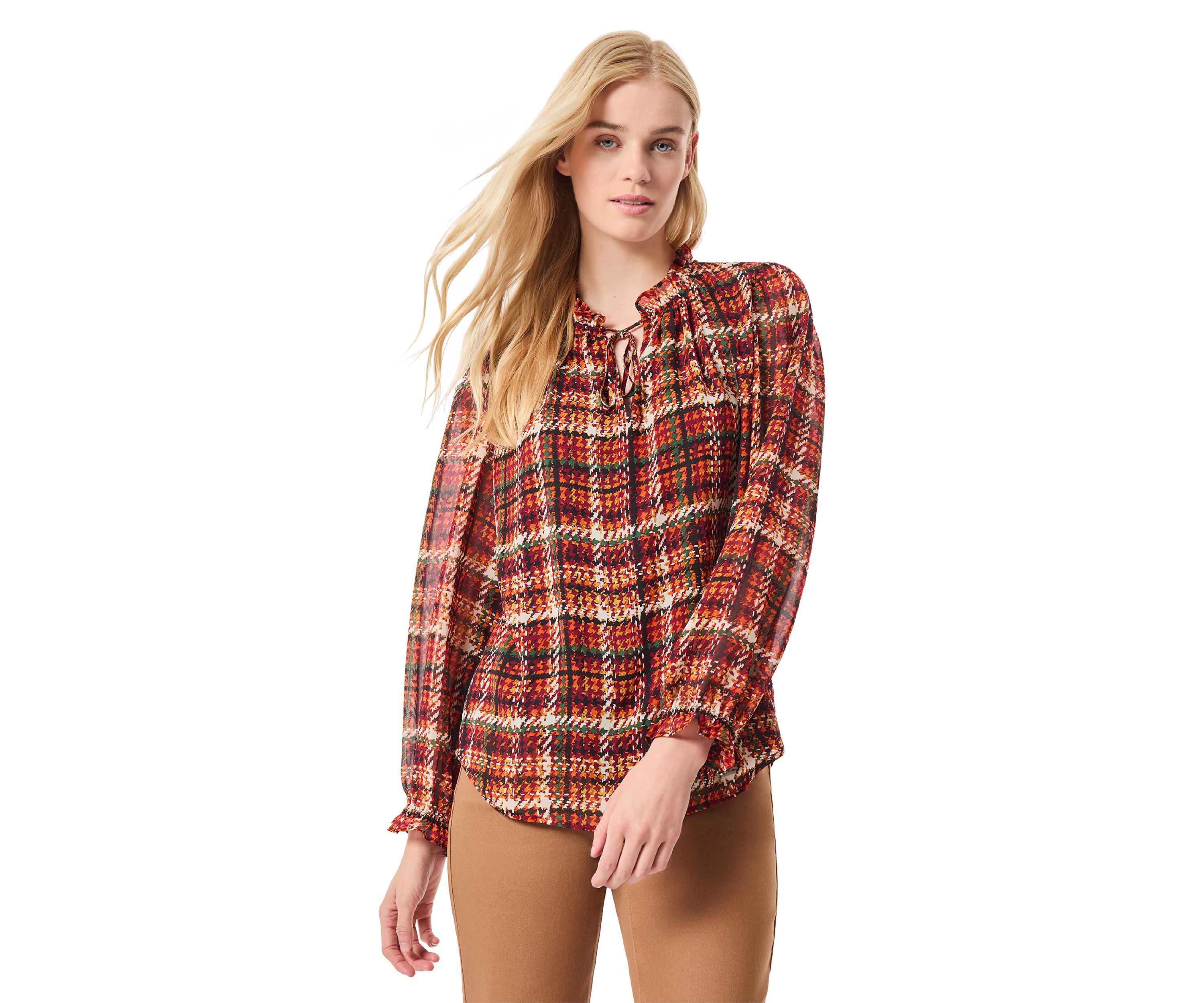 Womens Long Sleeve Plaid Print Chiffon Blouse 
