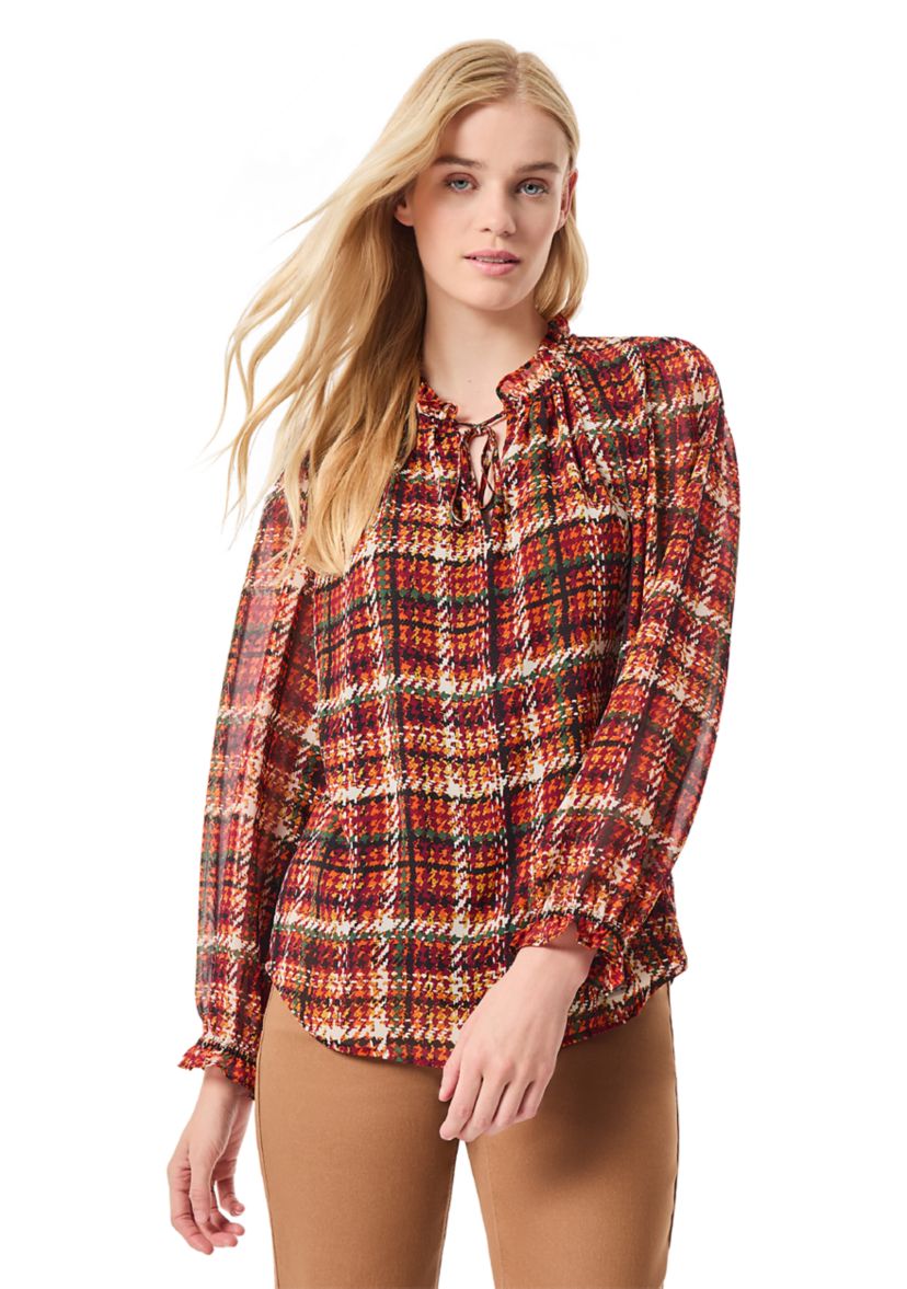 Womens Long Sleeve Plaid Print Chiffon Blouse 