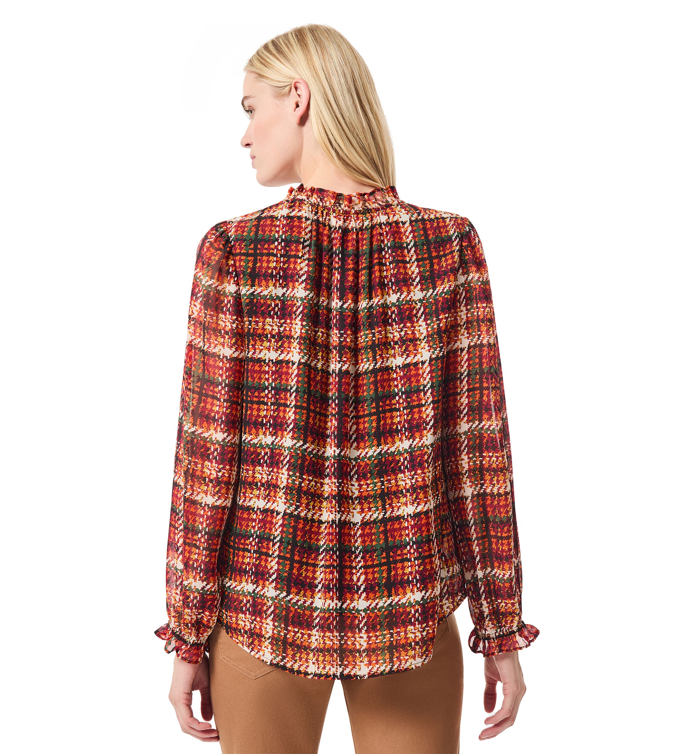Womens Long Sleeve Plaid Print Chiffon Blouse 