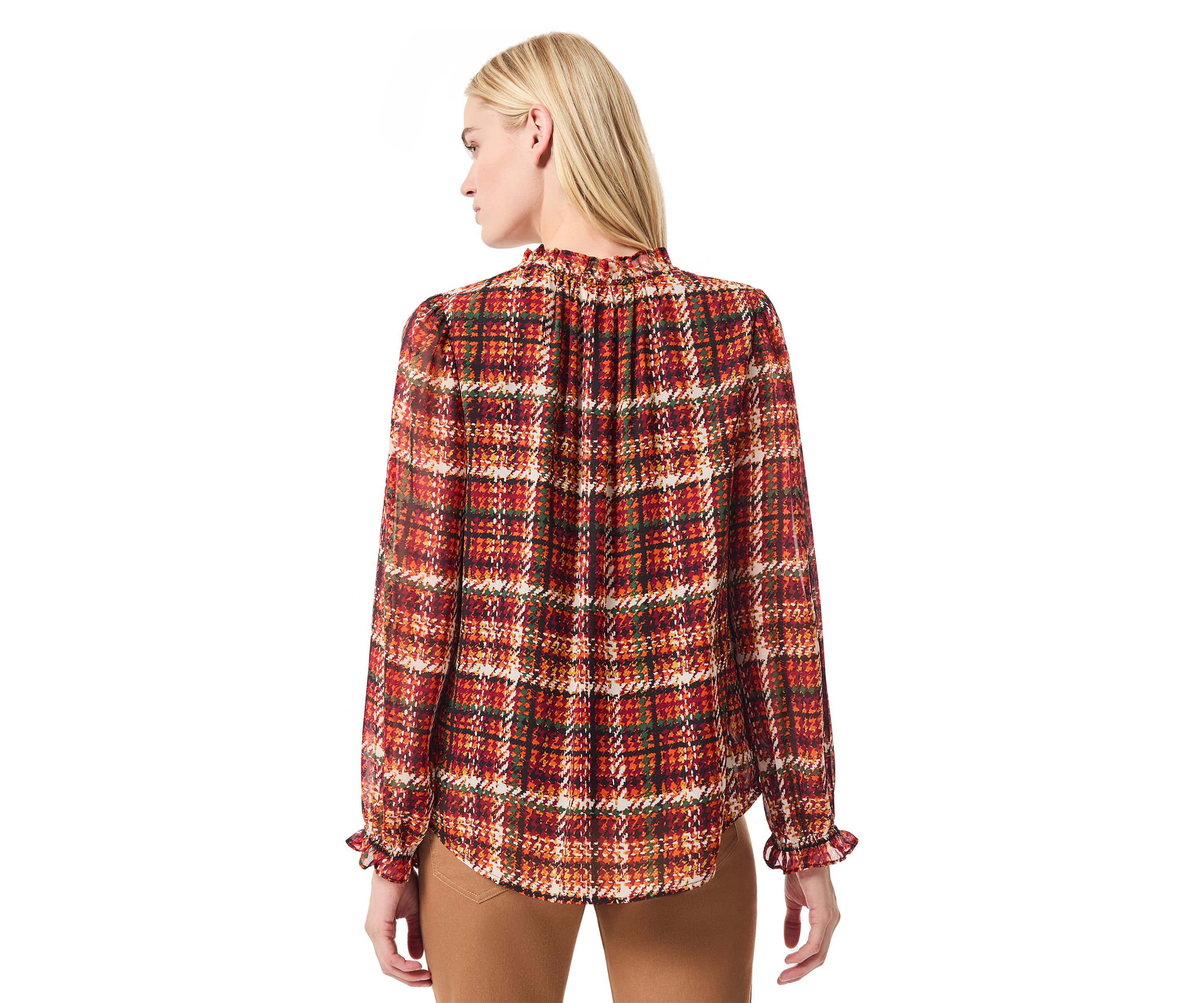 Womens Long Sleeve Plaid Print Chiffon Blouse 