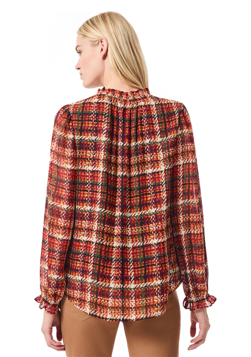 Womens Long Sleeve Plaid Print Chiffon Blouse 
