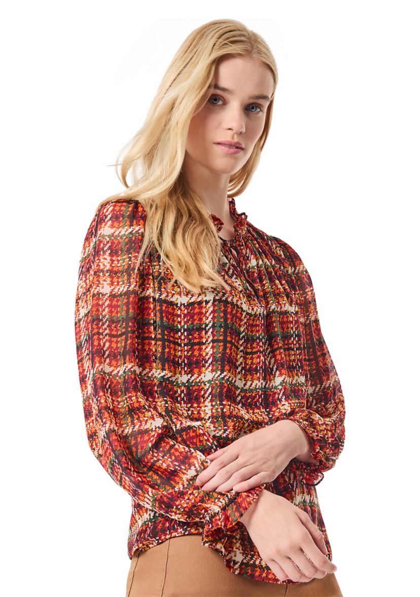 Womens Long Sleeve Plaid Print Chiffon Blouse 