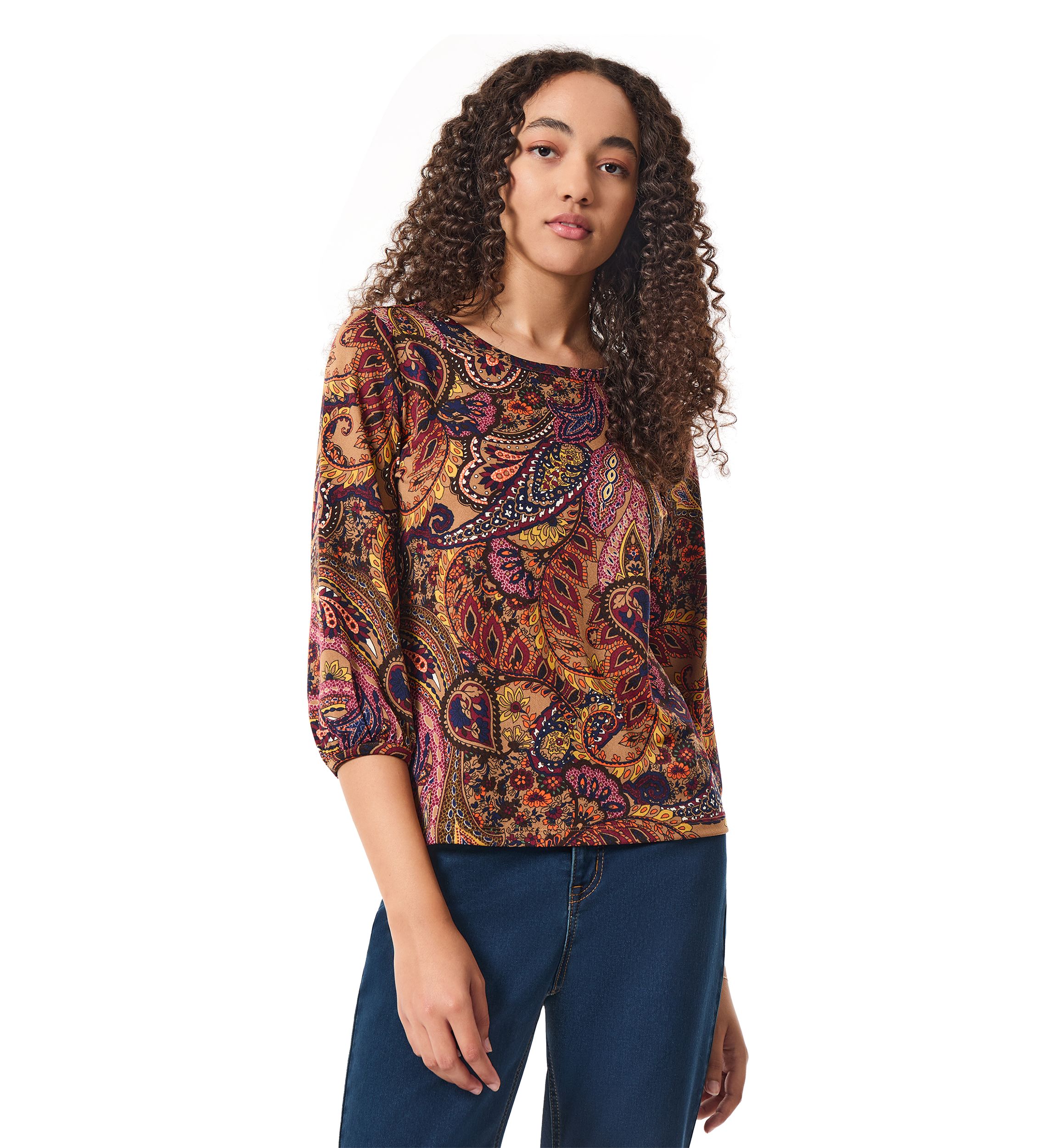 Womens 3/4 Sleeve Printed Moss Crepe Blouse