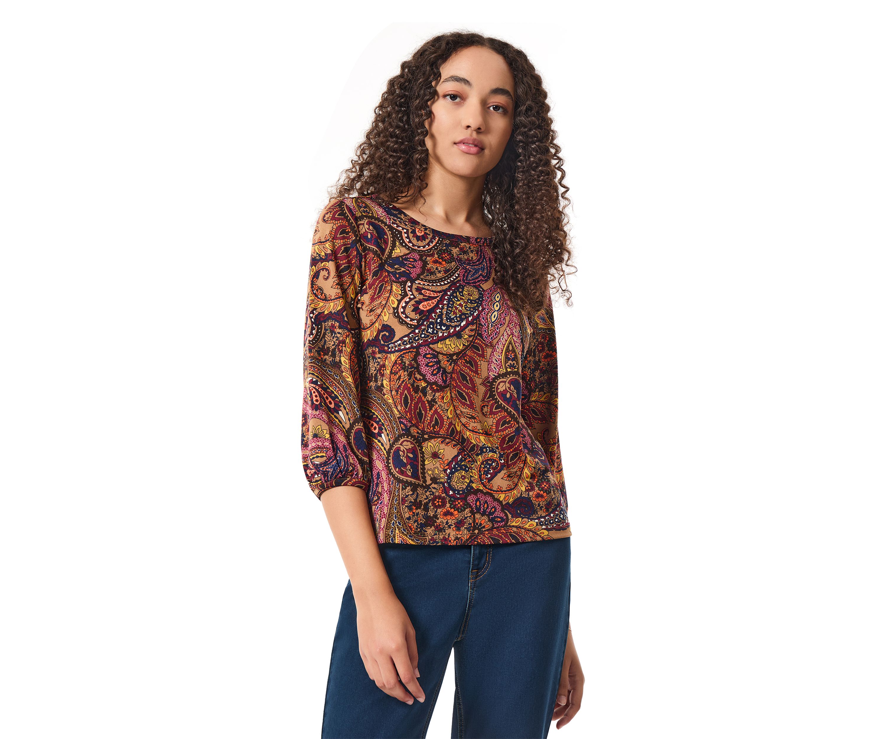 Womens 3/4 Sleeve Printed Moss Crepe Blouse