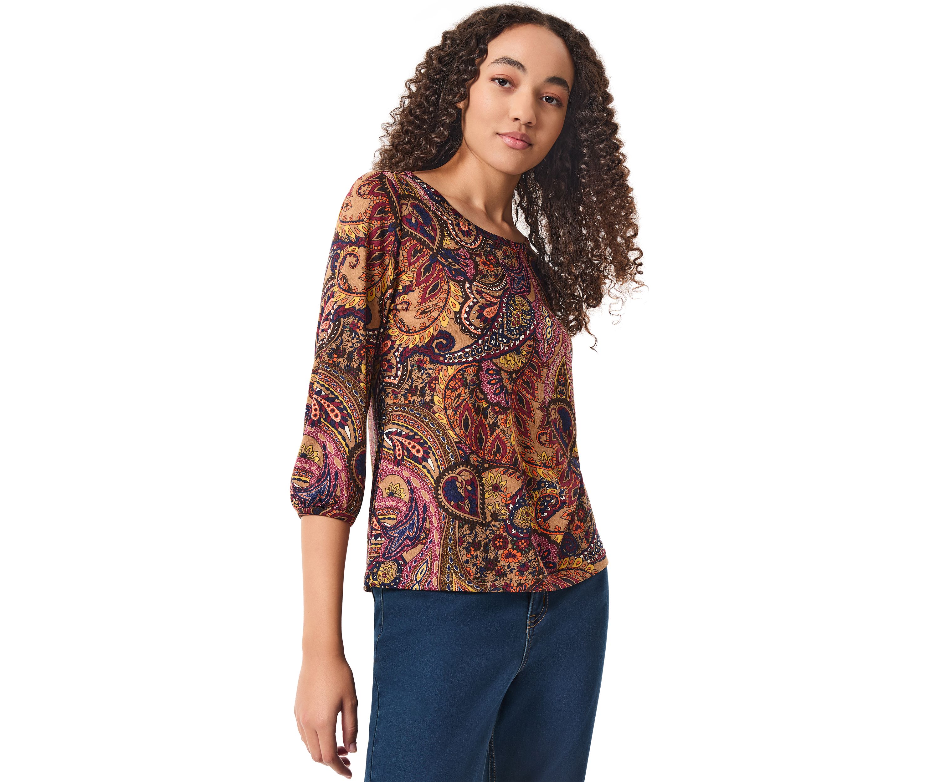 Womens 3/4 Sleeve Printed Moss Crepe Blouse