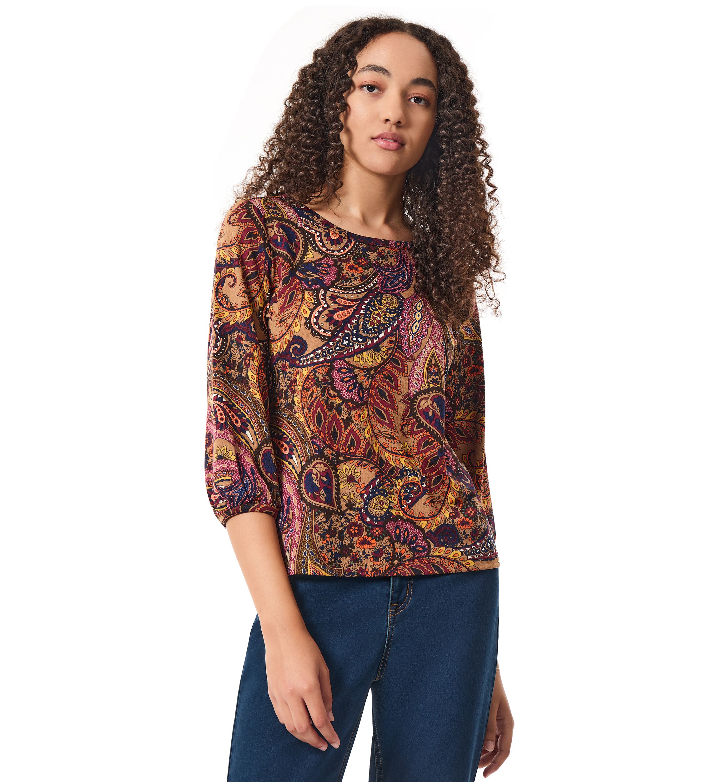 Petite 3/4 Sleeve Printed Moss Crepe Top