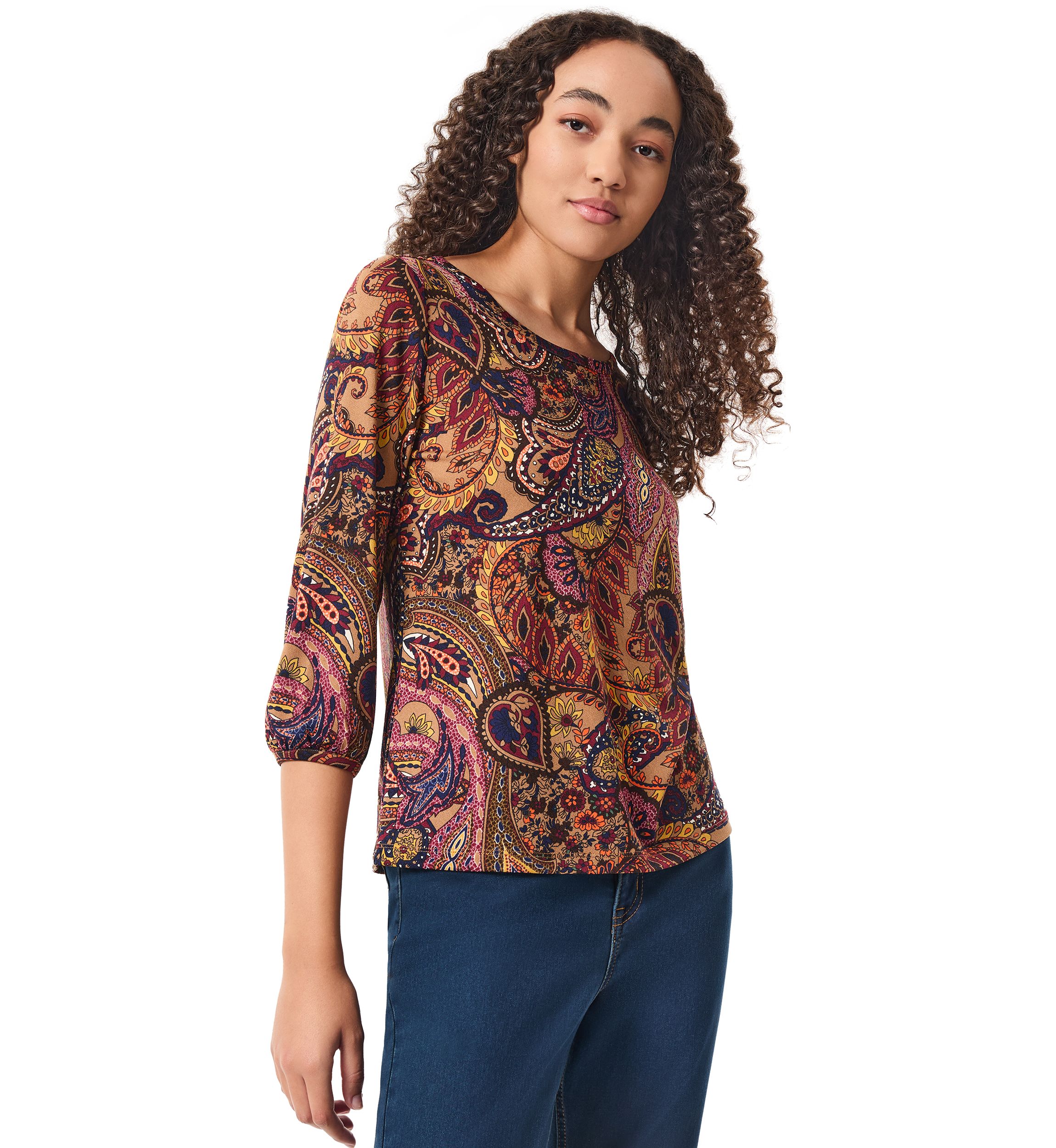 Petite 3/4 Sleeve Printed Moss Crepe Top