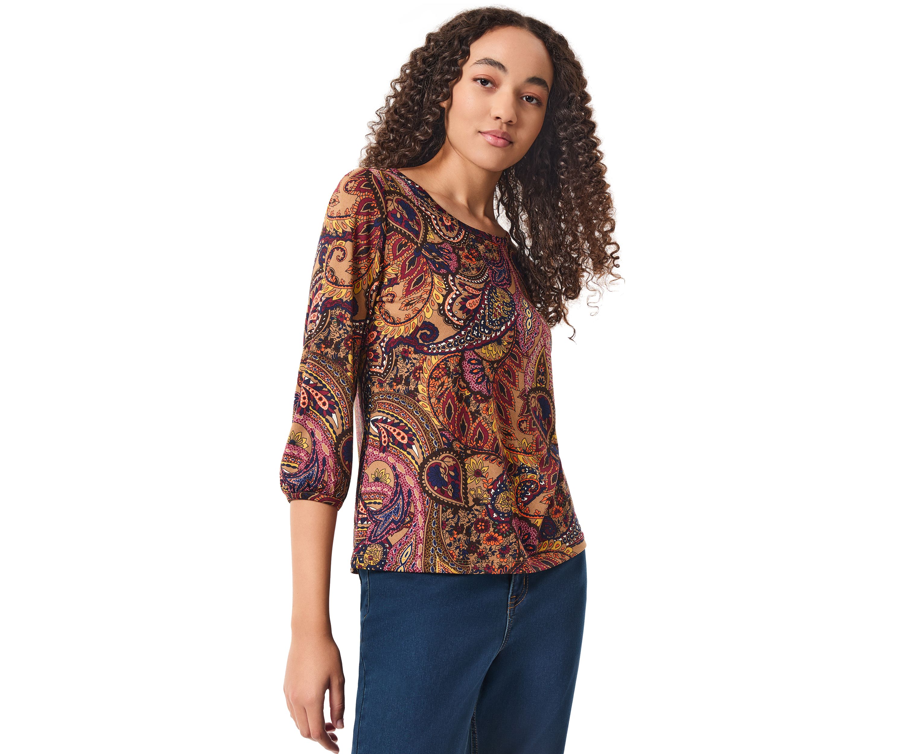 Petite 3/4 Sleeve Printed Moss Crepe Top