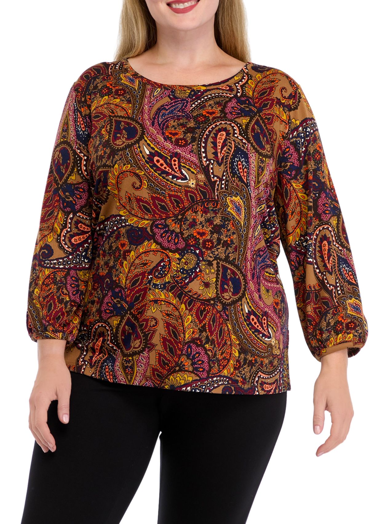 Plus Size 3/4 Puff Sleeve Cuffed Printed Moss Crepe Top