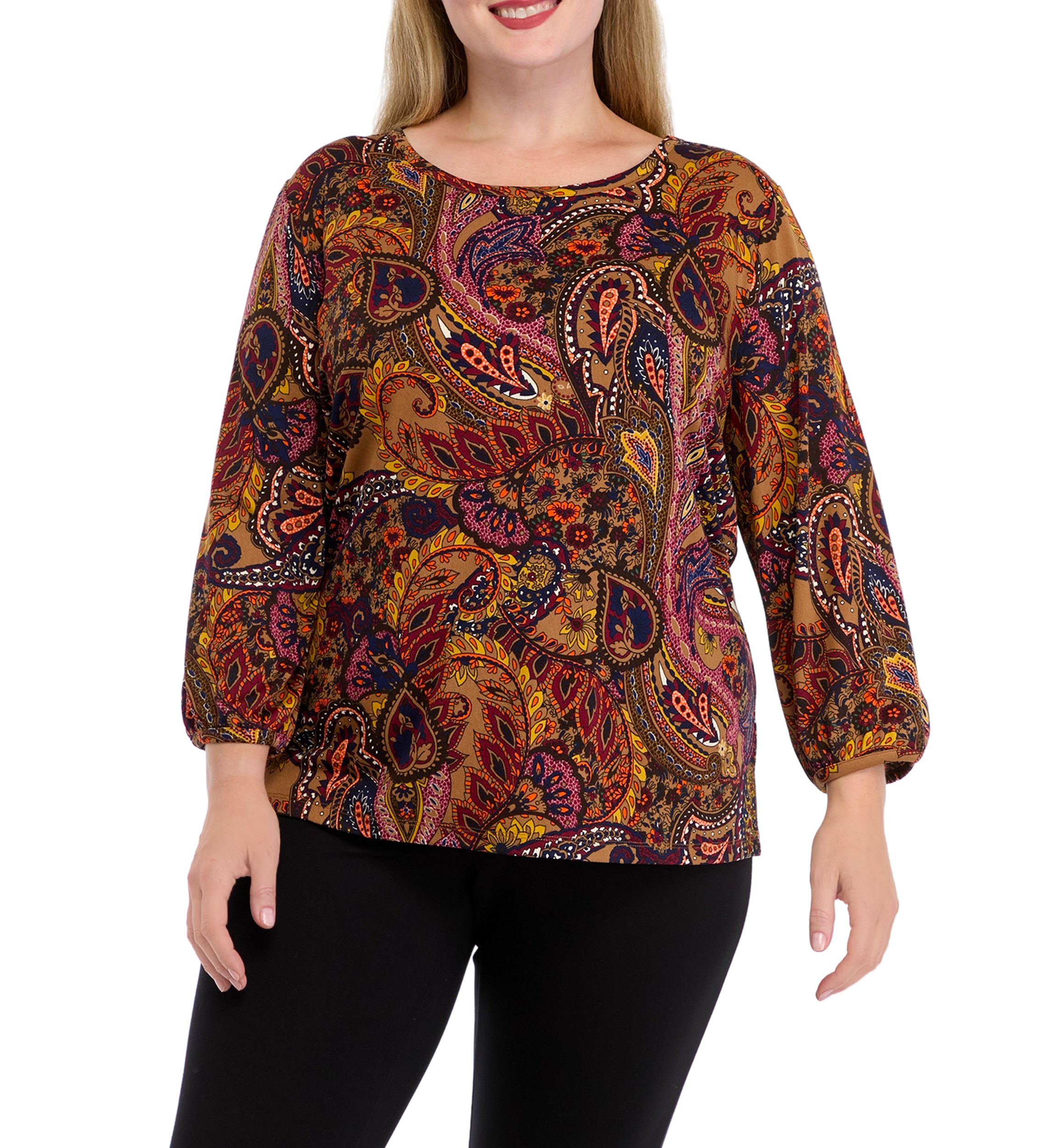 Plus Size 3/4 Puff Sleeve Cuffed Printed Moss Crepe Top