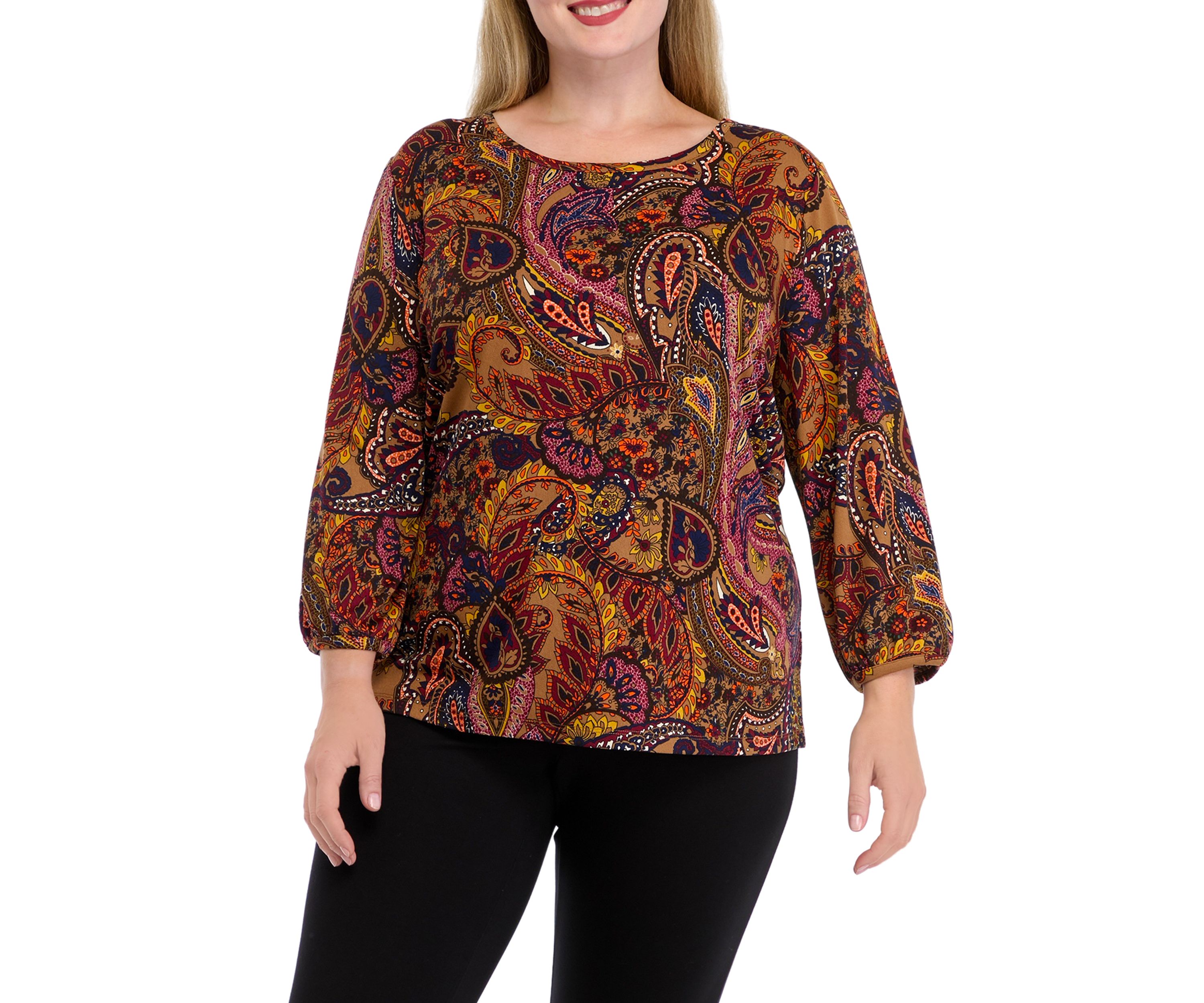 Plus Size 3/4 Puff Sleeve Cuffed Printed Moss Crepe Top