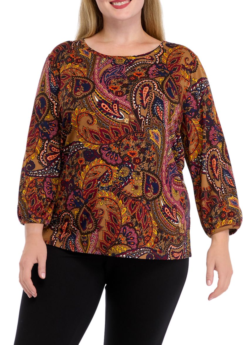 Plus Size 3/4 Puff Sleeve Cuffed Printed Moss Crepe Top