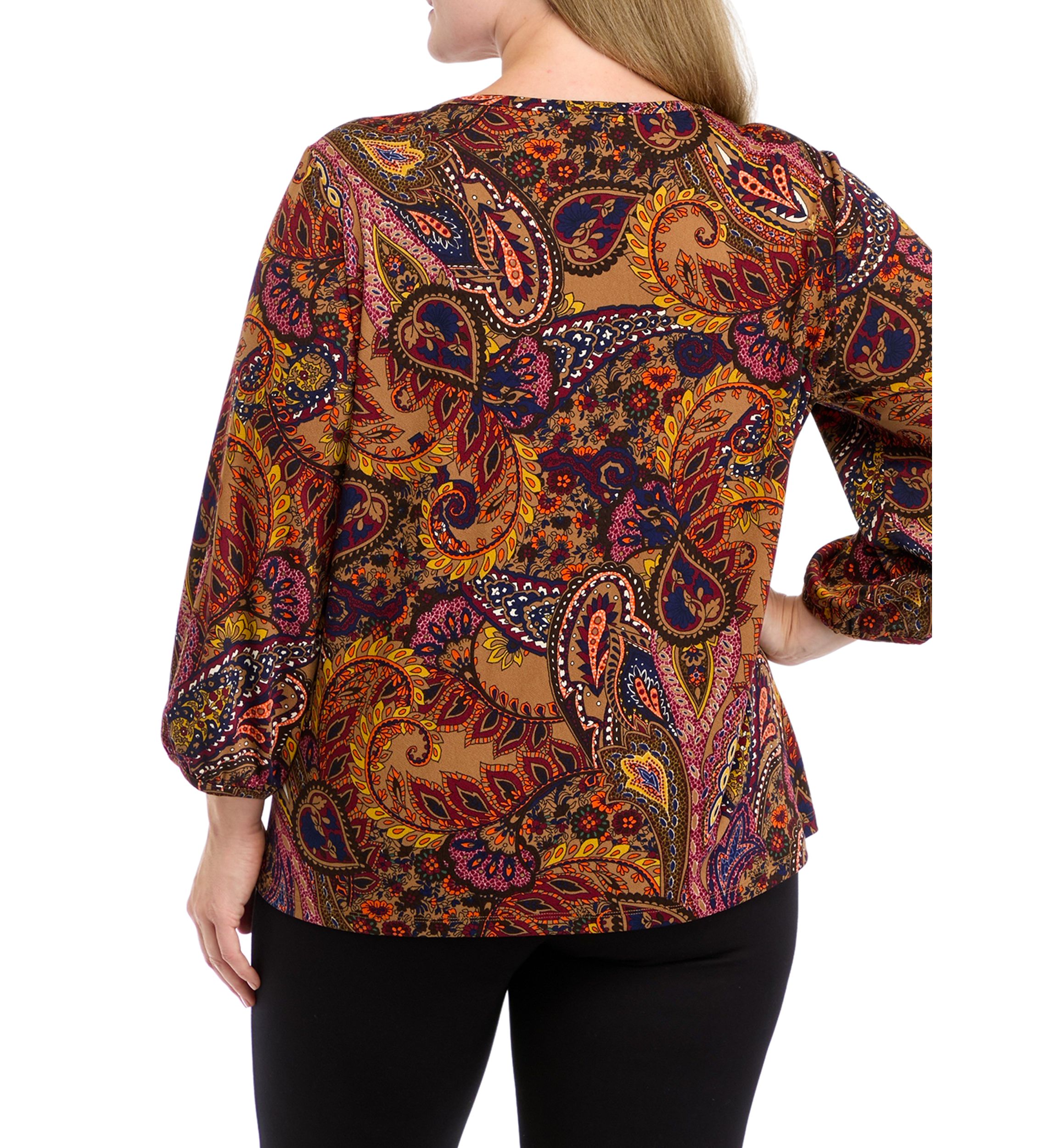 Plus Size 3/4 Puff Sleeve Cuffed Printed Moss Crepe Top