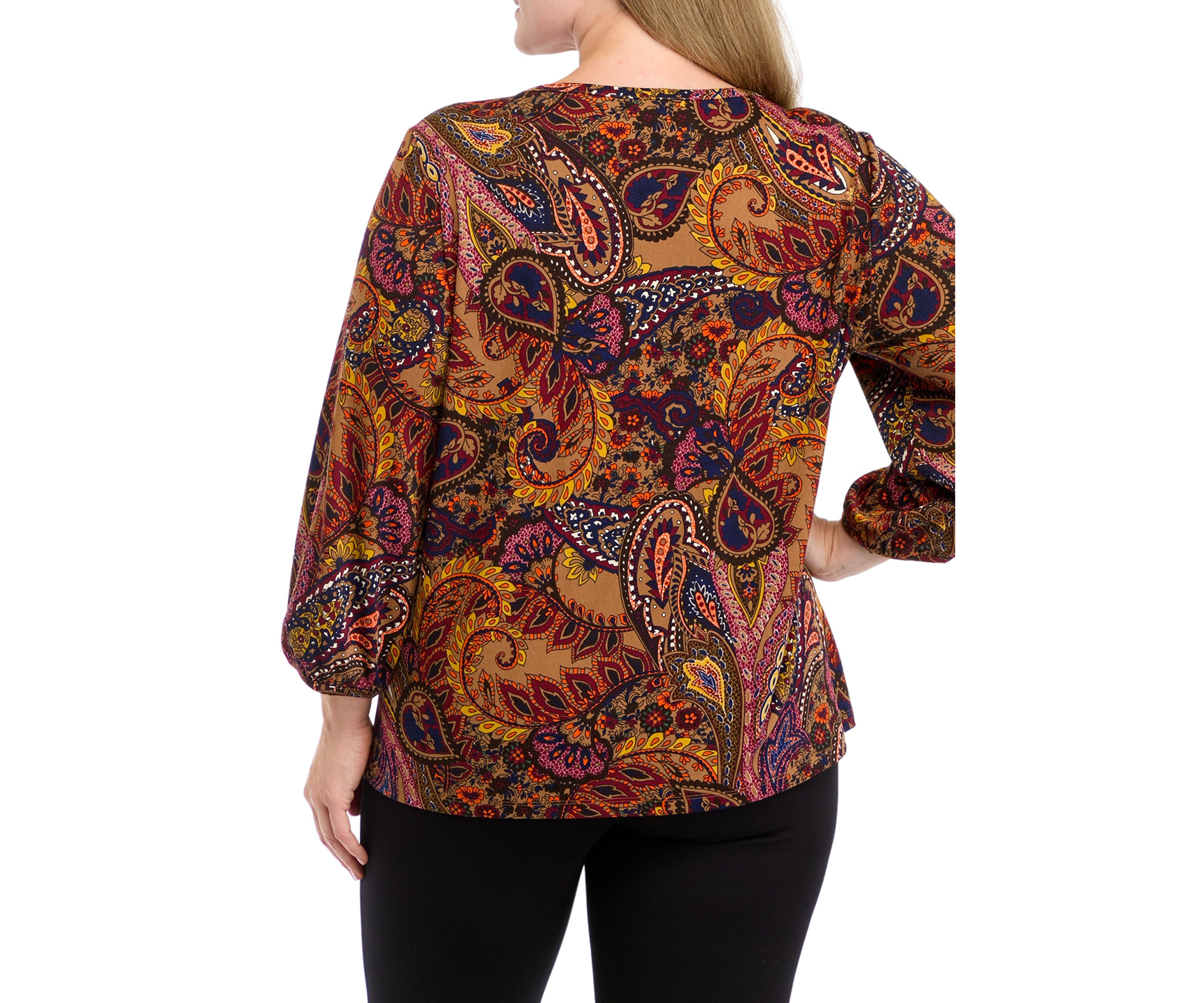 Plus Size 3/4 Puff Sleeve Cuffed Printed Moss Crepe Top