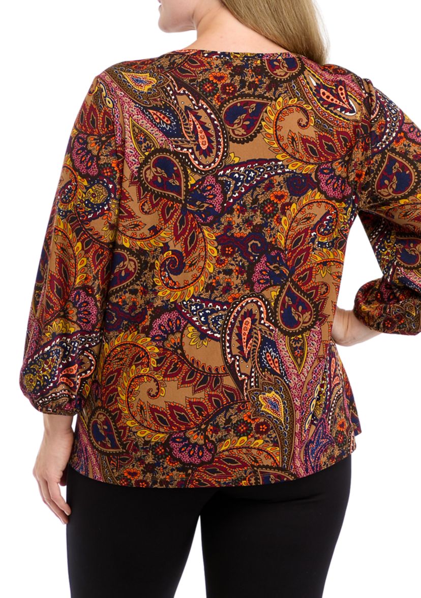 Plus Size 3/4 Puff Sleeve Cuffed Printed Moss Crepe Top