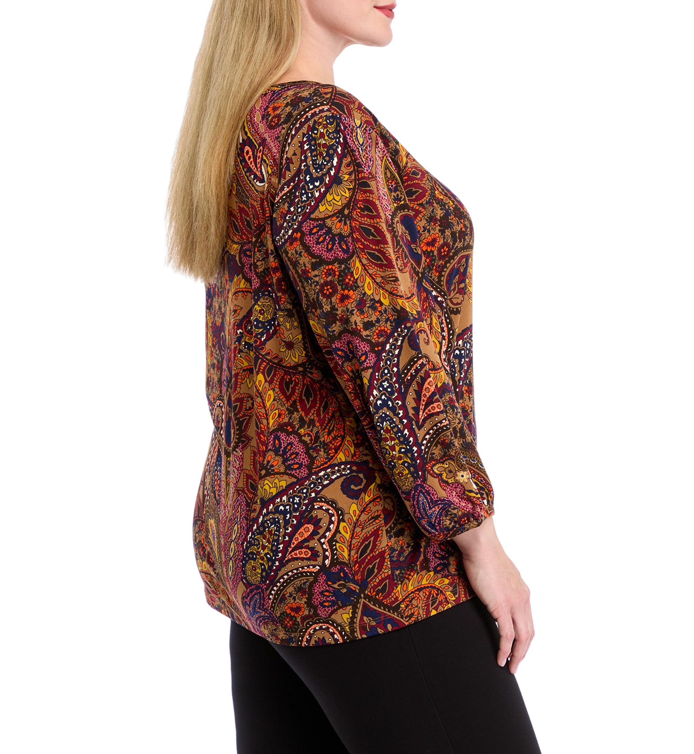 Plus Size 3/4 Puff Sleeve Cuffed Printed Moss Crepe Top