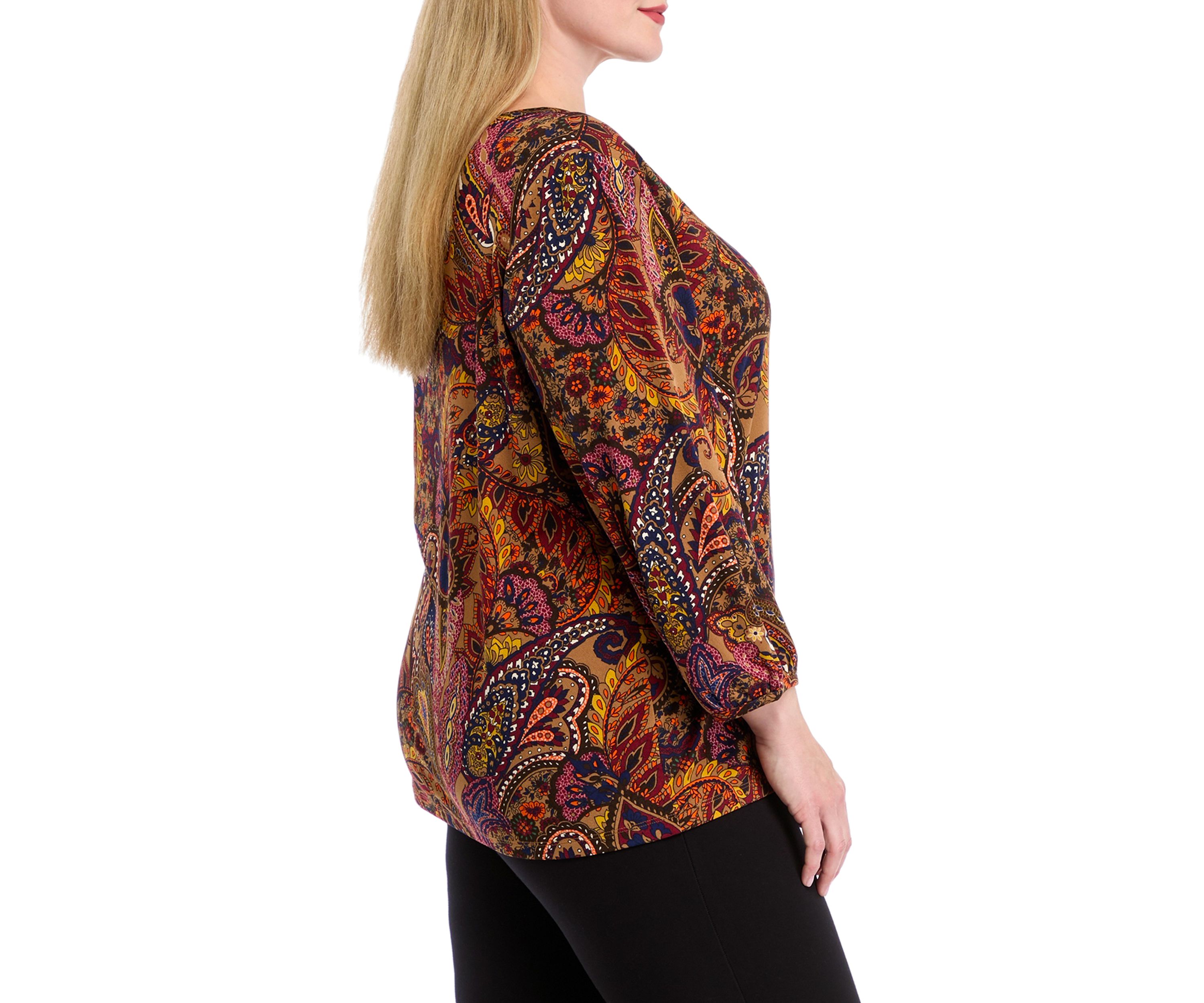 Plus Size 3/4 Puff Sleeve Cuffed Printed Moss Crepe Top