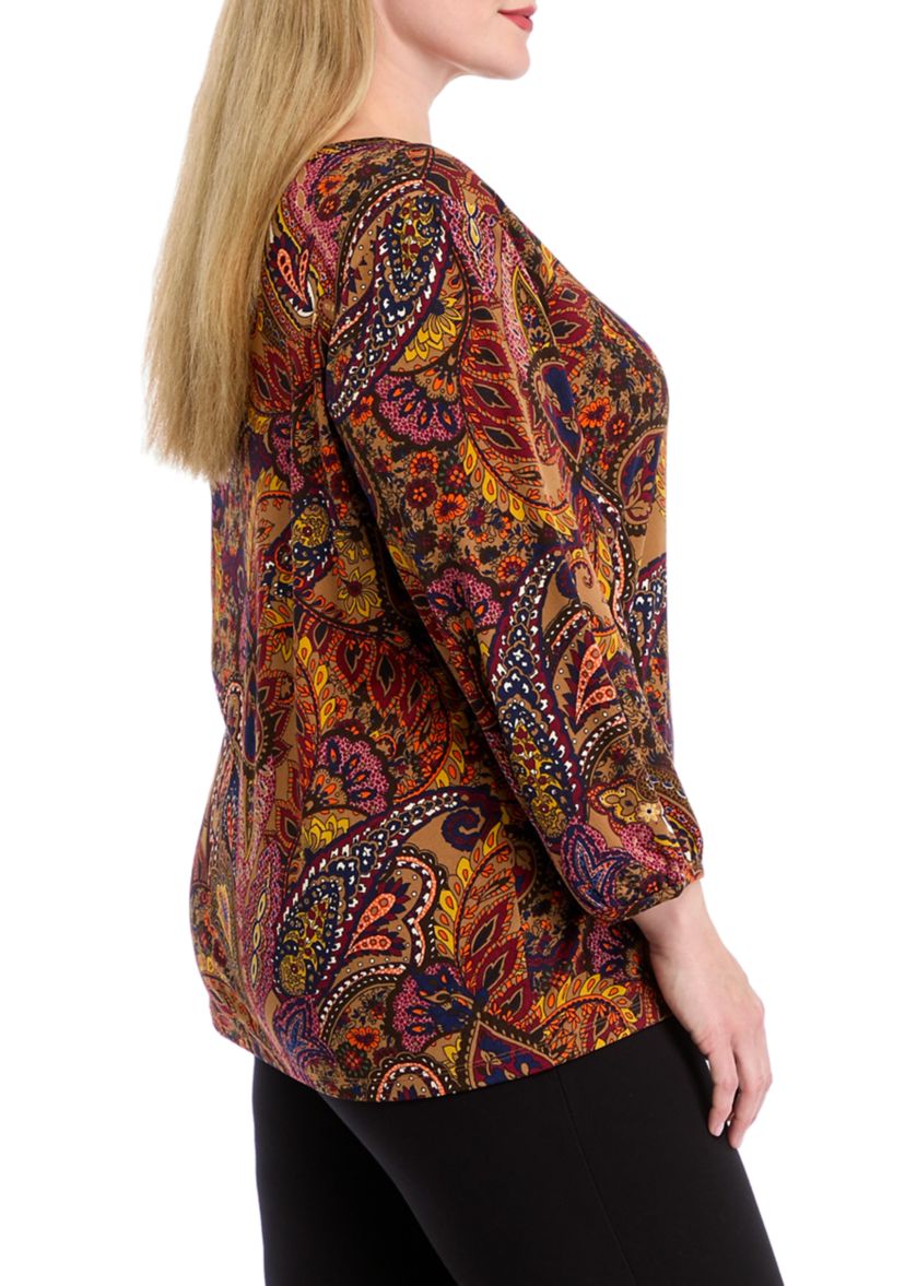 Plus Size 3/4 Puff Sleeve Cuffed Printed Moss Crepe Top