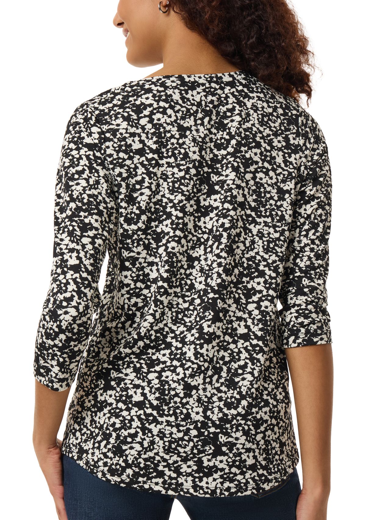 Petite Three Quarter V-Neck Noodle Print Top