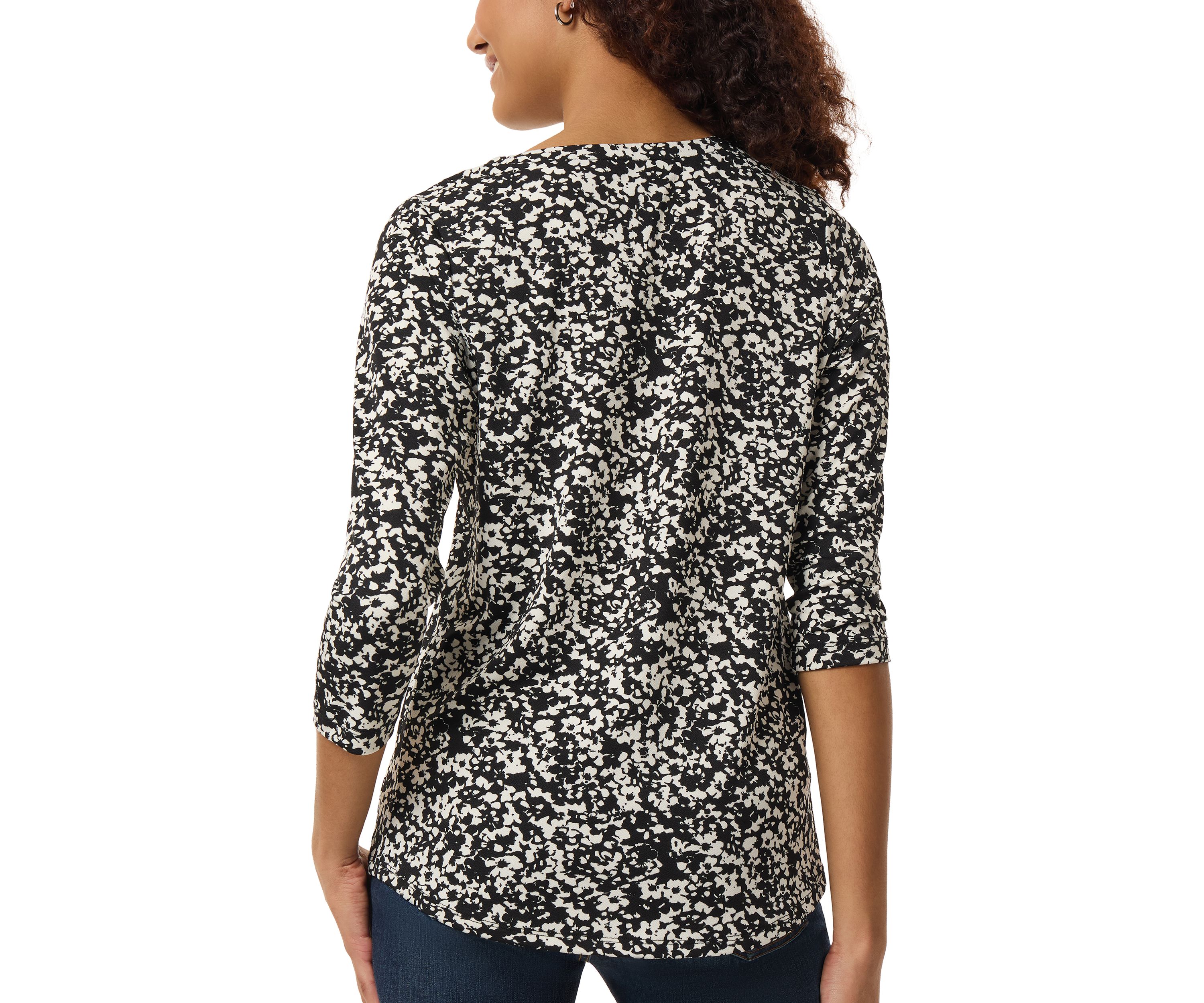 Petite Three Quarter V-Neck Noodle Print Top