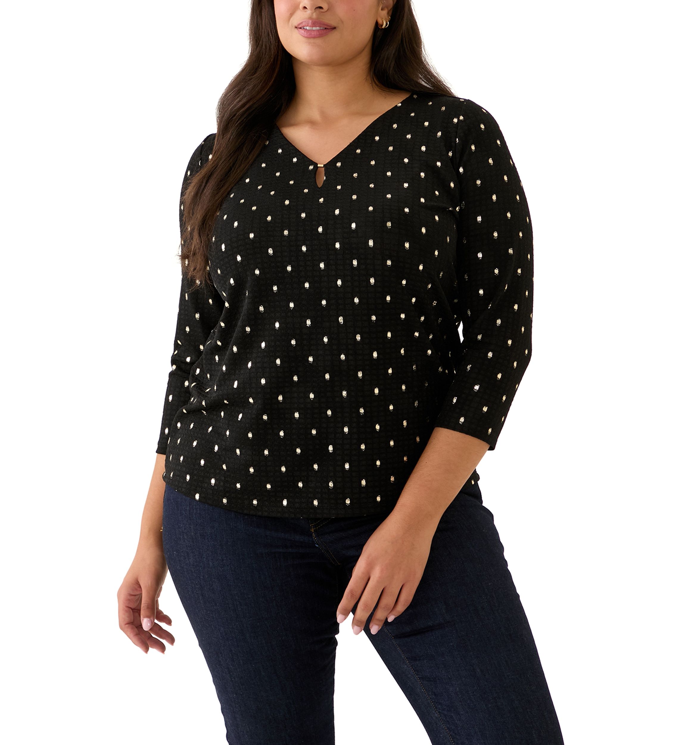 Plus Size 3/4 Sleeve Printed V-Neck Top 