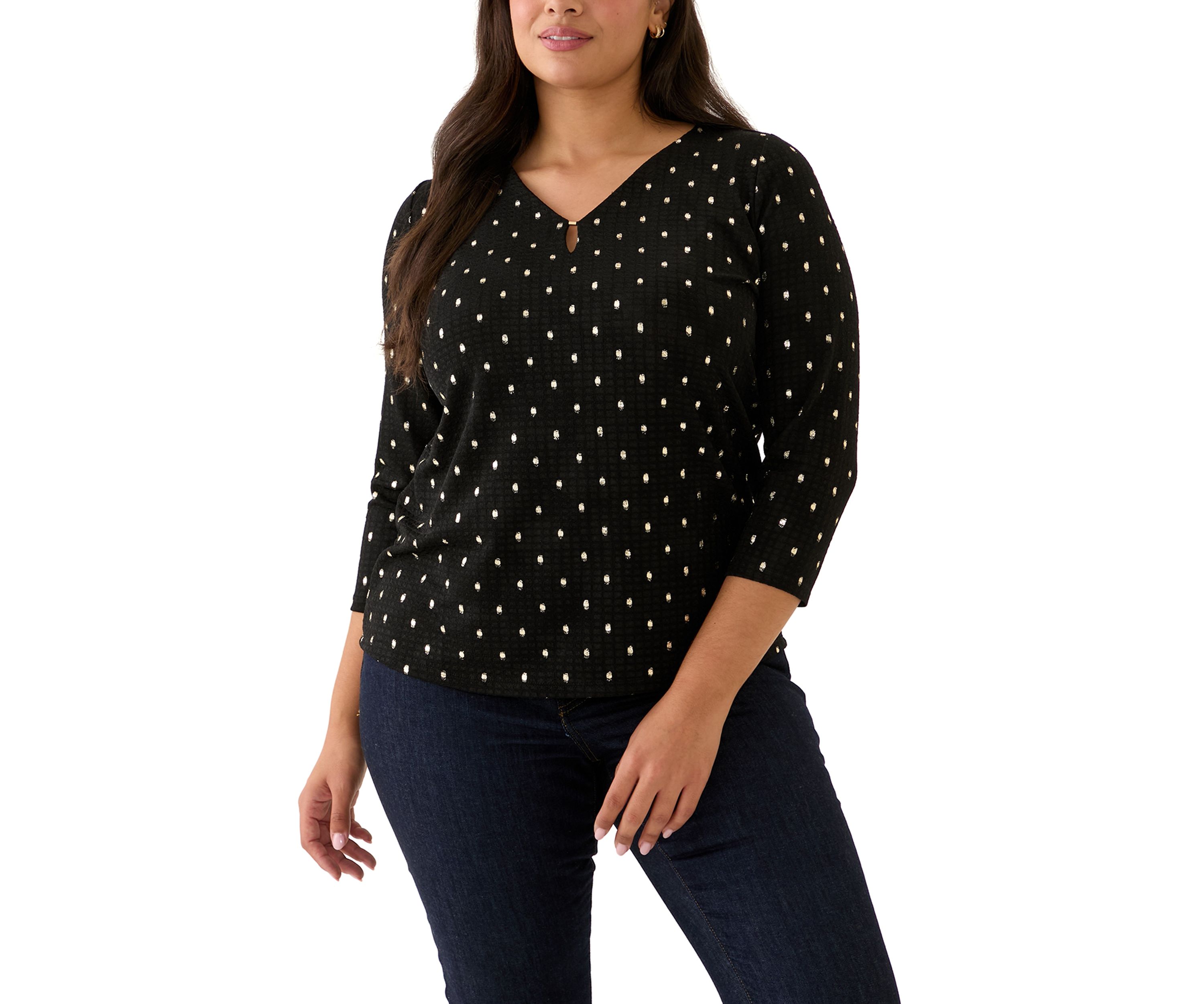 Plus Size 3/4 Sleeve Printed V-Neck Top 